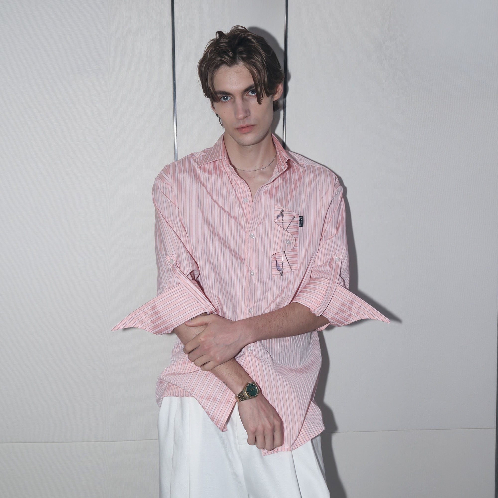 ASSEEN Striped Glasses Pocket Half Shirt Pink