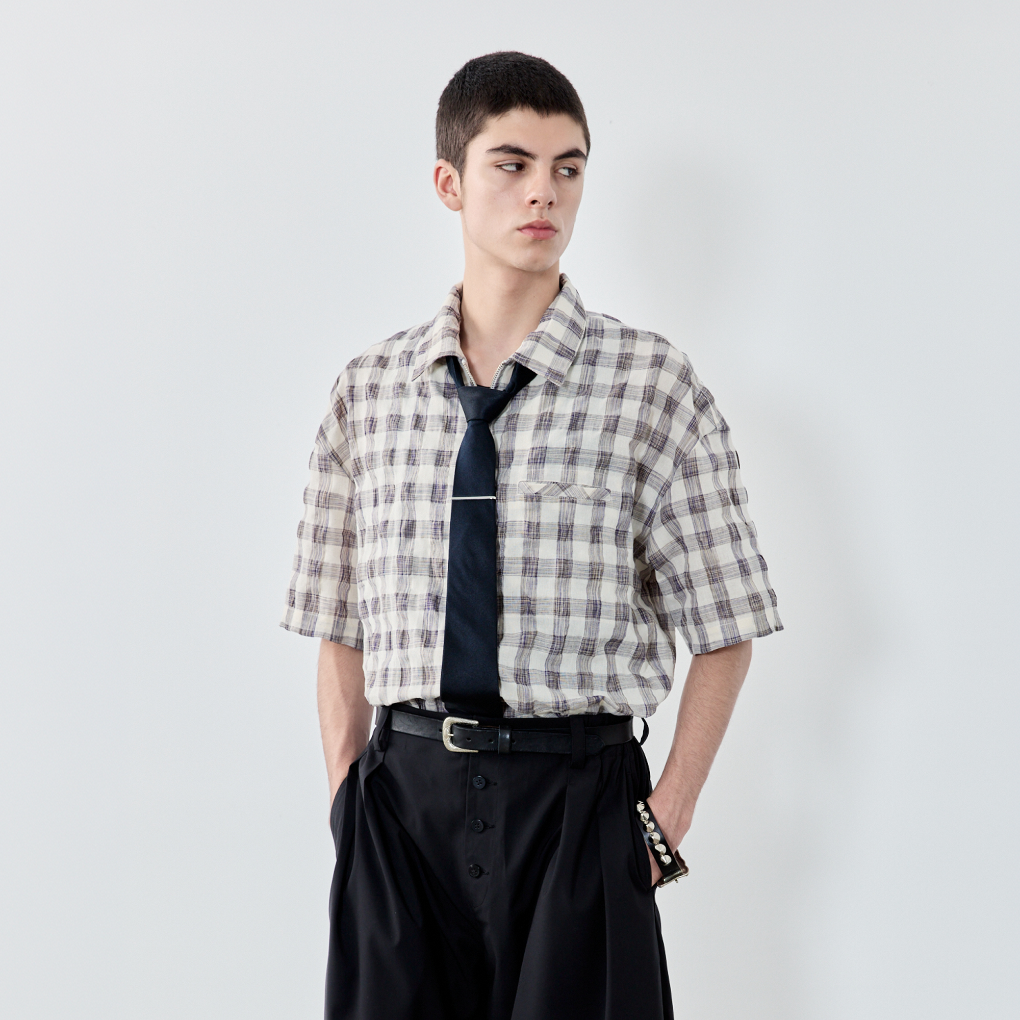 GRAINMUSTARD Retro Plaid Zip Half Shirt, premium urban and streetwear designers apparel on PROJECTISR.com, GRAINMUSTARD