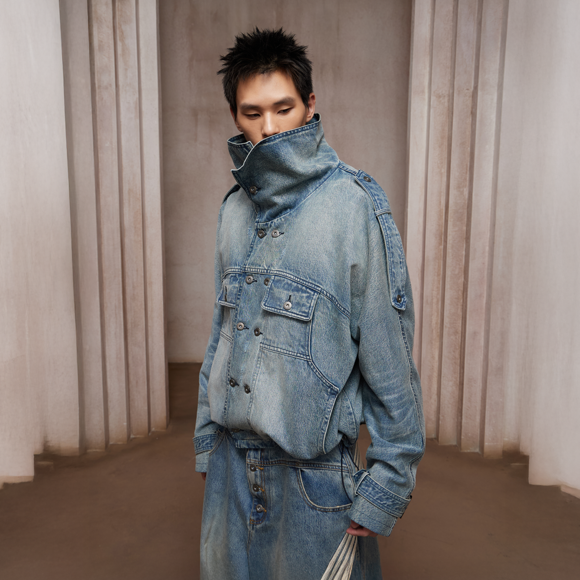 DND4DES Washed Double-Breasted Multi-Pocket Denim Bomber