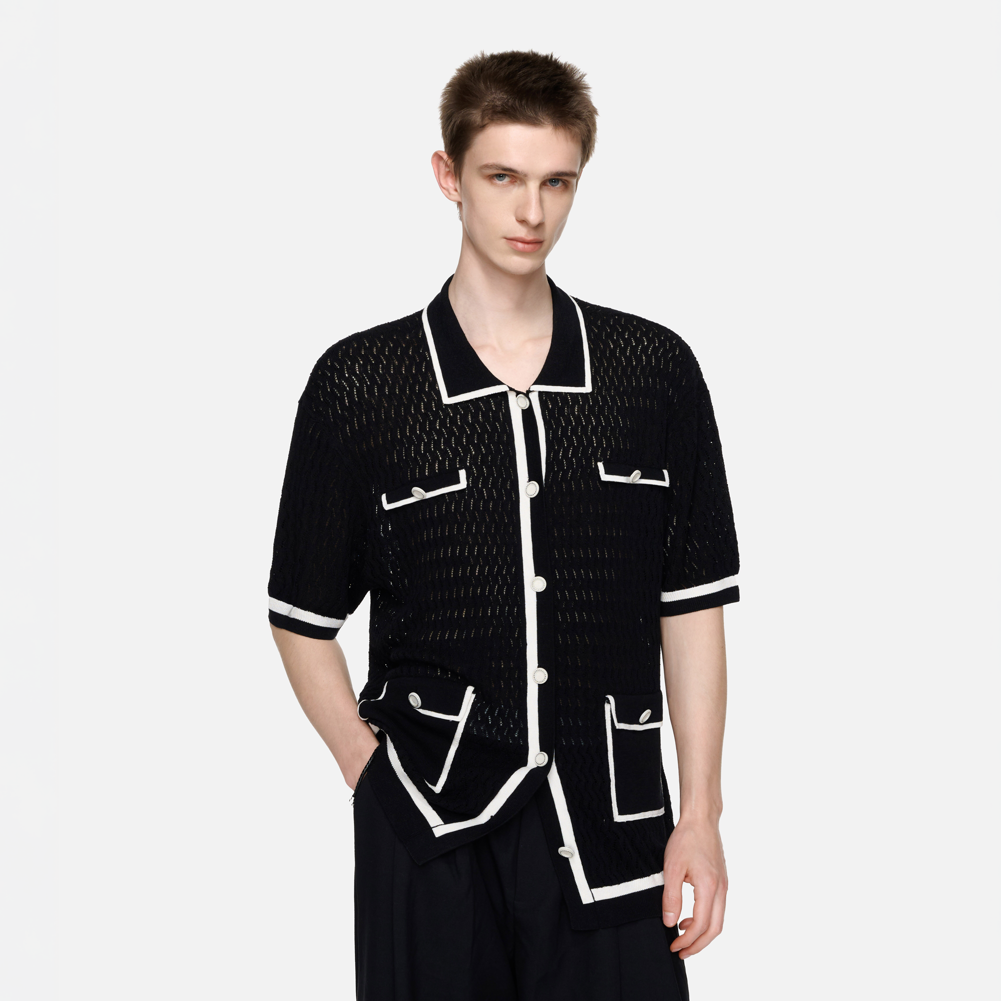 TIWILLTANG Contrast Trim Knitted Half Shirt