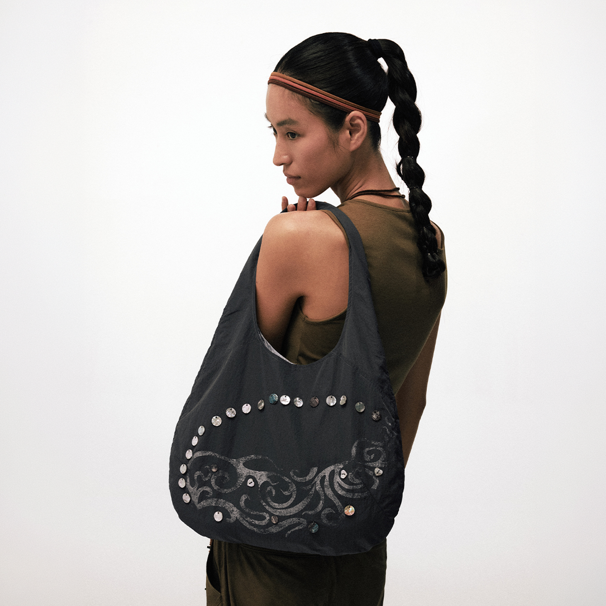 CONPCONP Tai Chi Disc-Embellished Canvas Shoulder Bag
