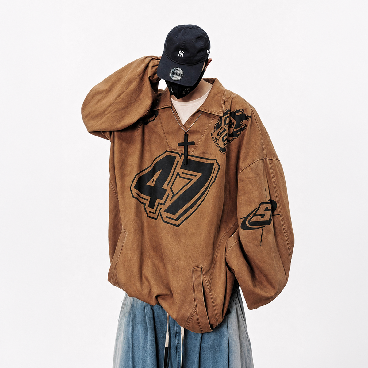 UUCSCC Washed Distressed Oversized V-Neck Sweatshirt