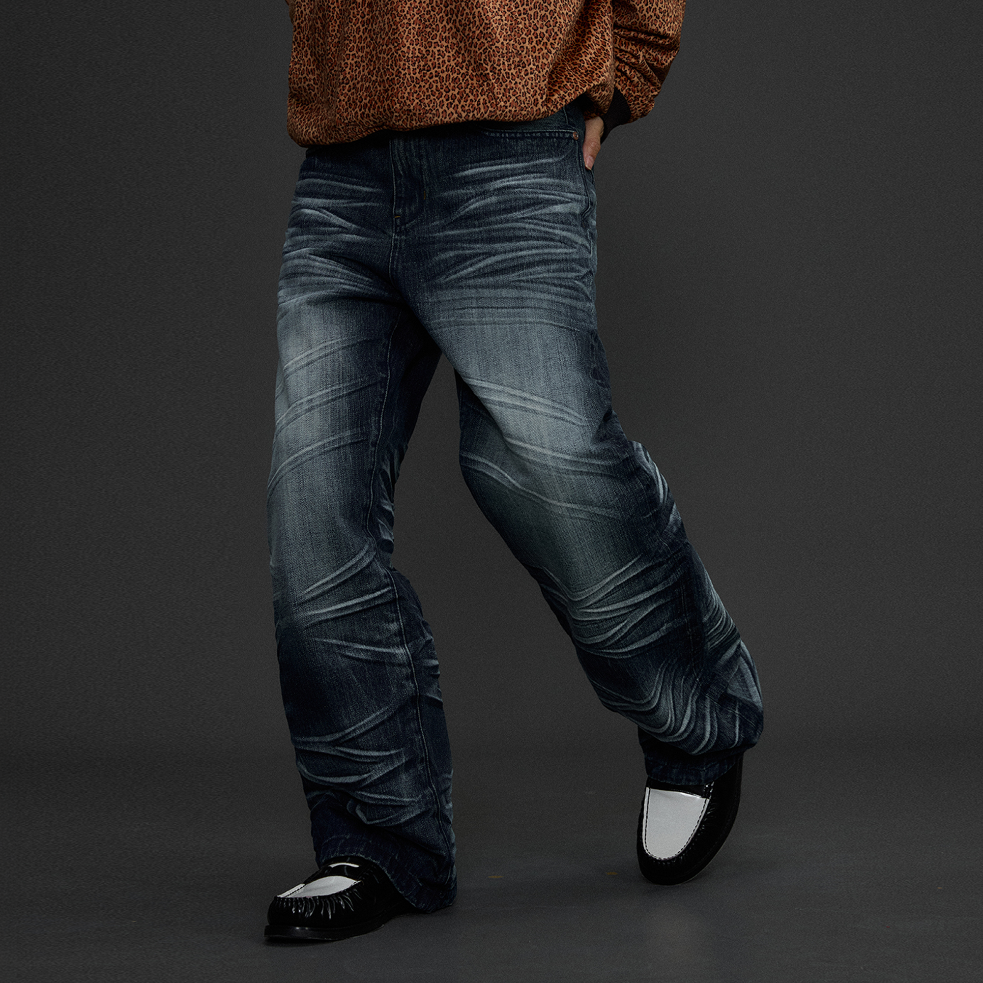 NIANJIUYIKOUER Heavy Washed Whiskered Straight-Leg Jeans, premium urban and streetwear designers apparel on PROJECTISR.com, NIANJIUYIKOUER