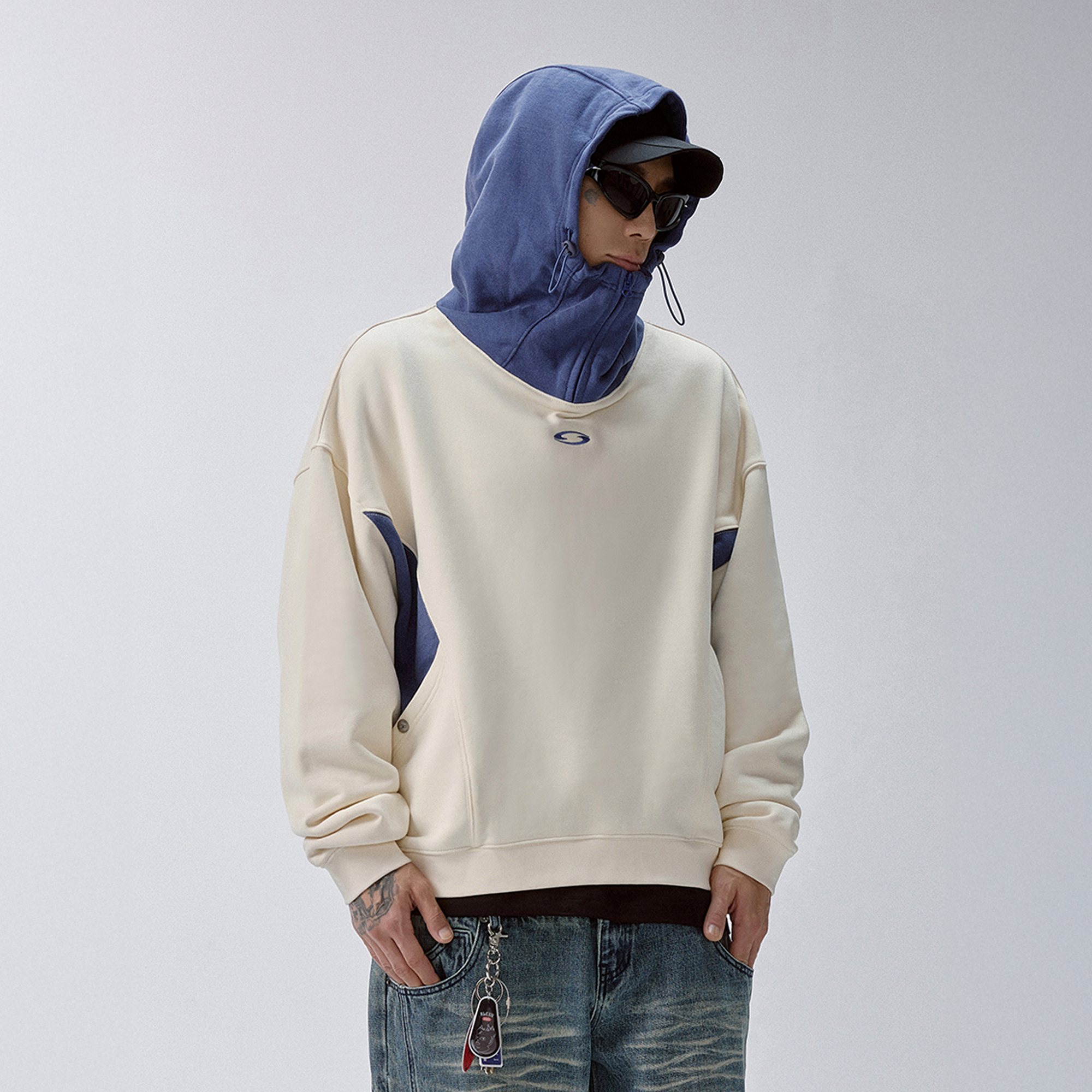 F2CE Contrast Paneled Funnel-Hood Pullover