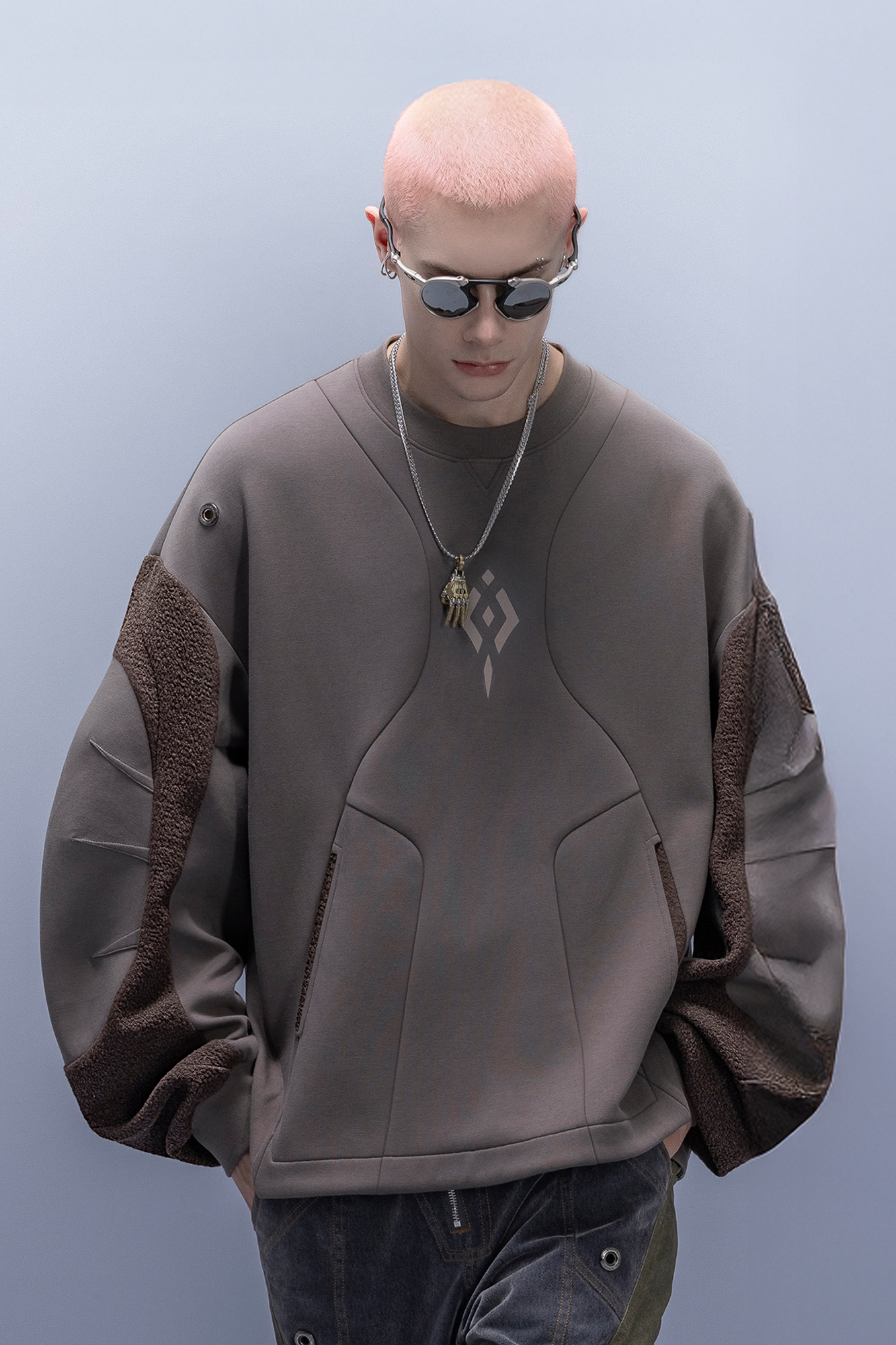 XIPHEVIL Utility Paneled Crewneck Sweatshirt Coffee