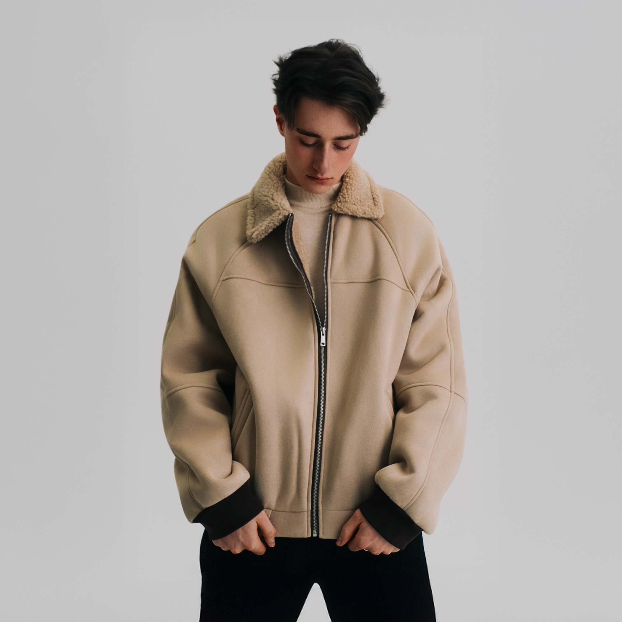 WIID Faux Suede Shearling-Collared Bomber Jacket