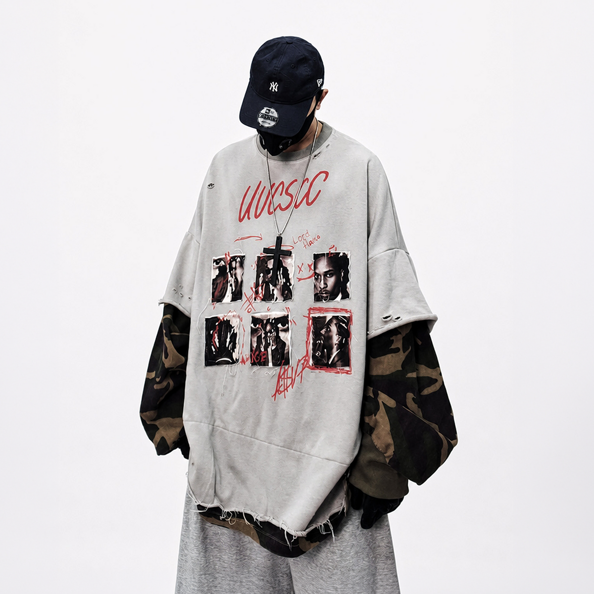 UUCSCC Retro Camo Spliced Distressed Oversized Crewneck Sweatshirt