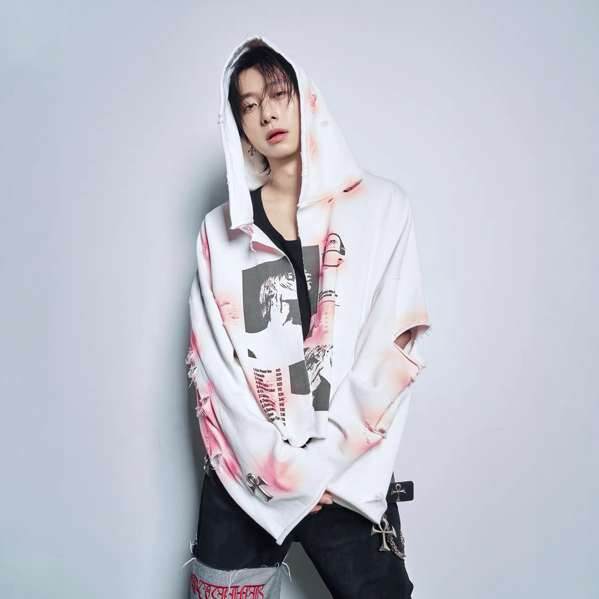 ANTI WAR REVIVAL Distressed Splatter-Print Oversized Zip-Up Hoodie