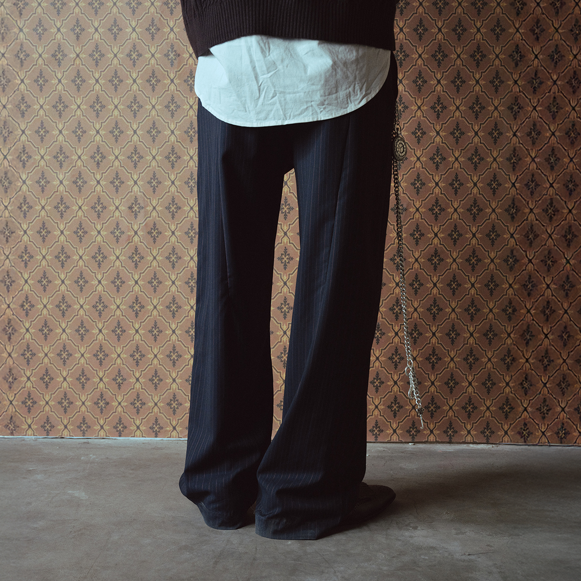 RICHILL Asymmetric Waist Pinstripe Pleated Wide-Leg Trousers