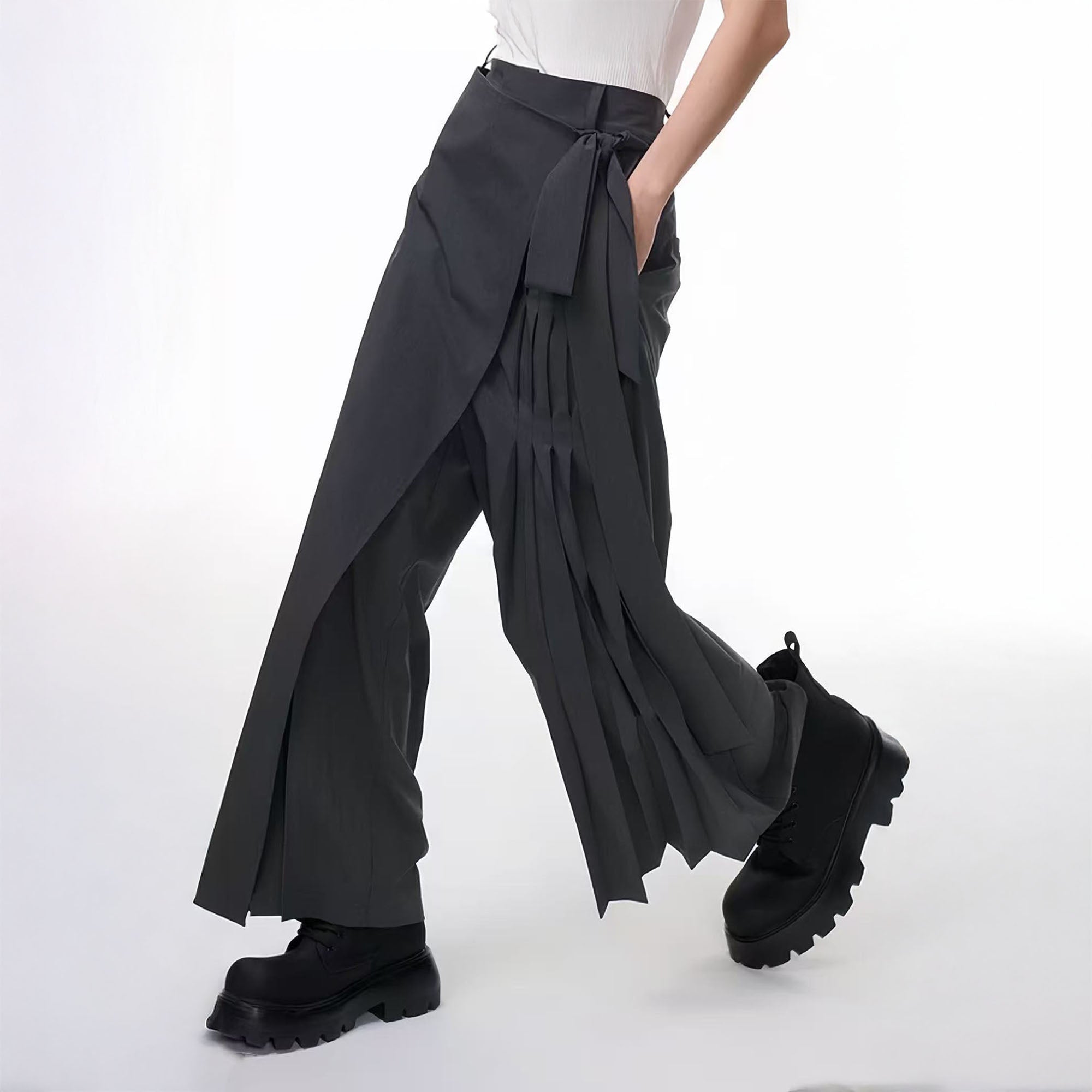 TUIMU Asymmetrical Wrap Pleated Wide-Leg Trousers, premium urban and streetwear designers apparel on PROJECTISR.com, TUIMU