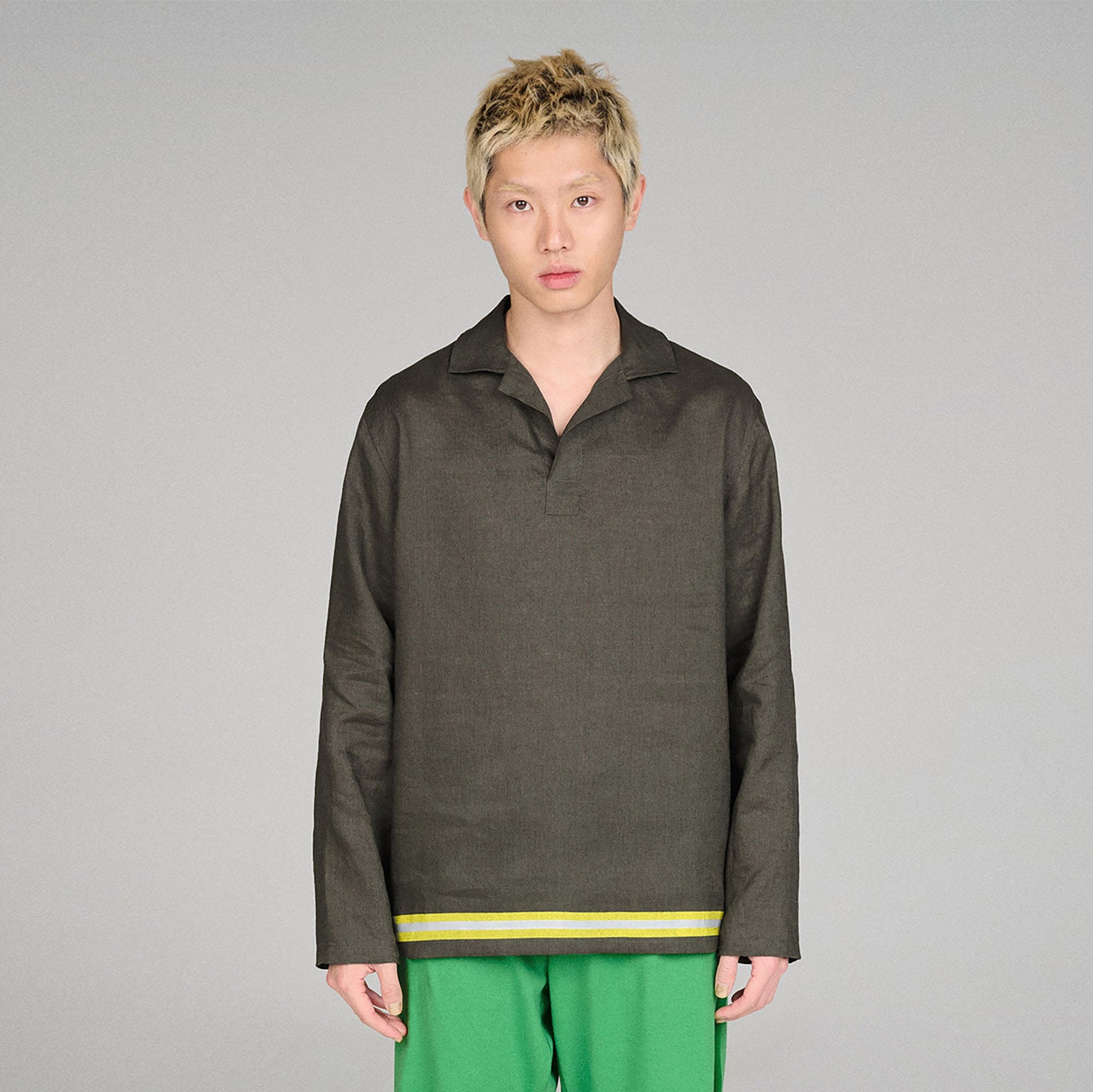 URBAN+FOREST Linen Reflective Trim Long-Sleeve Polo, premium urban and streetwear designers apparel on PROJECTISR.com, URBAN+FOREST