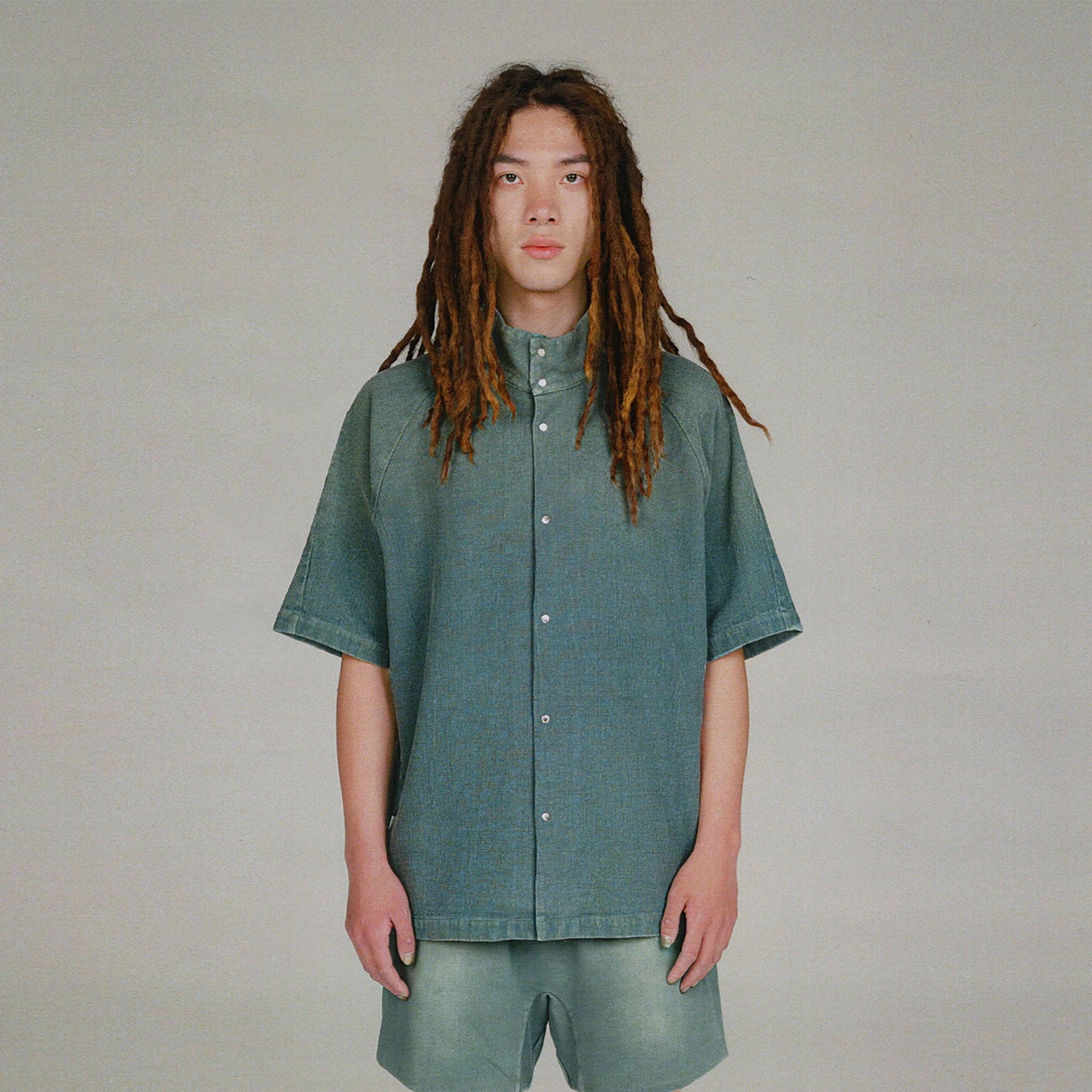 URBAN+FOREST Washed Waffle Stand Collar Half Shirt, premium urban and streetwear designers apparel on PROJECTISR.com, URBAN+FOREST