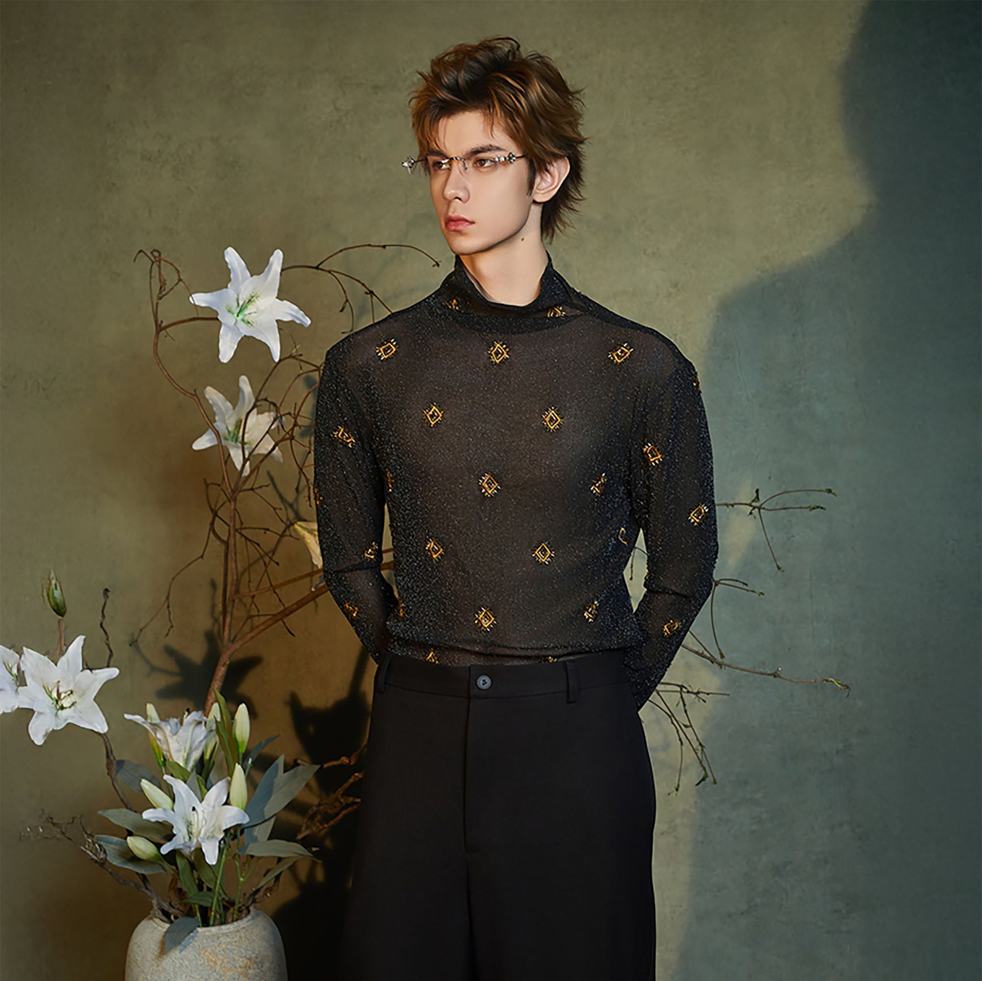 JIECHI Embroidered Mock-Neck Sheer Long-Sleeve Tee, premium urban and streetwear designers apparel on PROJECTISR.com, JIECHI