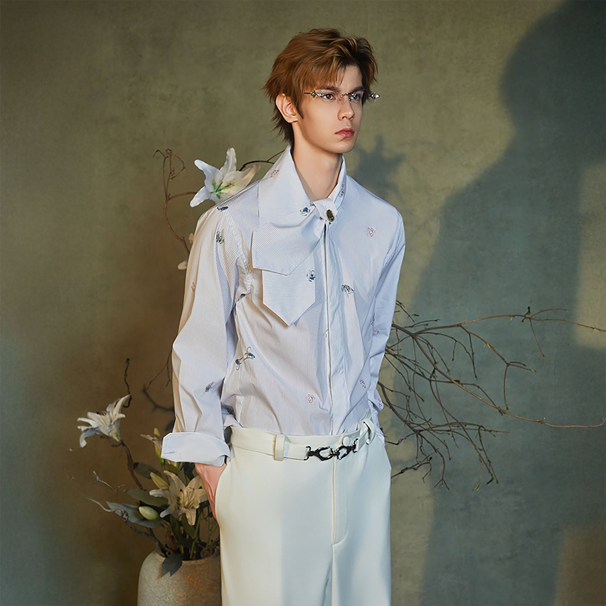 JIECHI Embroidered Striped Scarf-Collar Shirt, premium urban and streetwear designers apparel on PROJECTISR.com, JIECHI