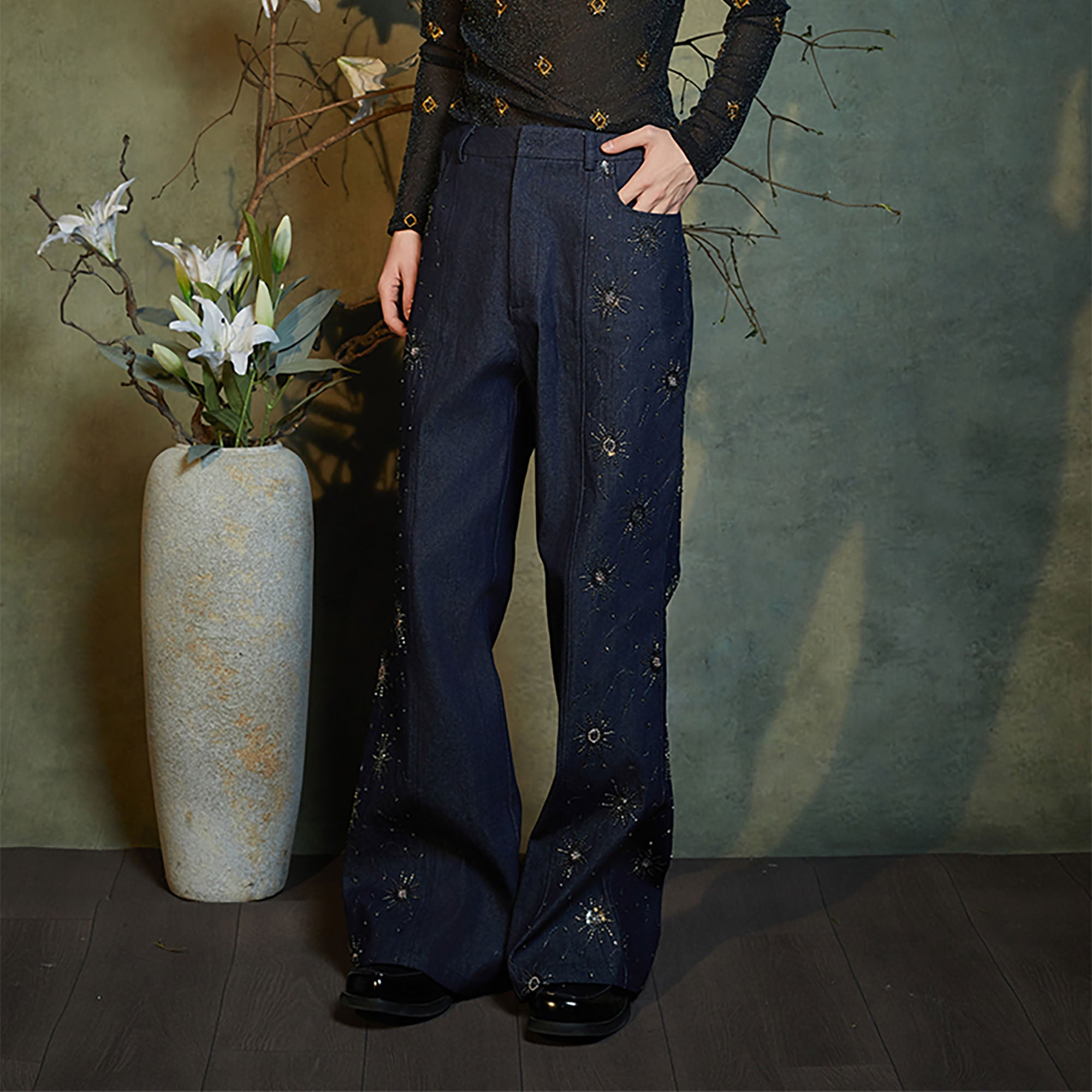 JIECHI Embroidered Middle-Panel Straight-Leg Jeans, premium urban and streetwear designers apparel on PROJECTISR.com, JIECHI