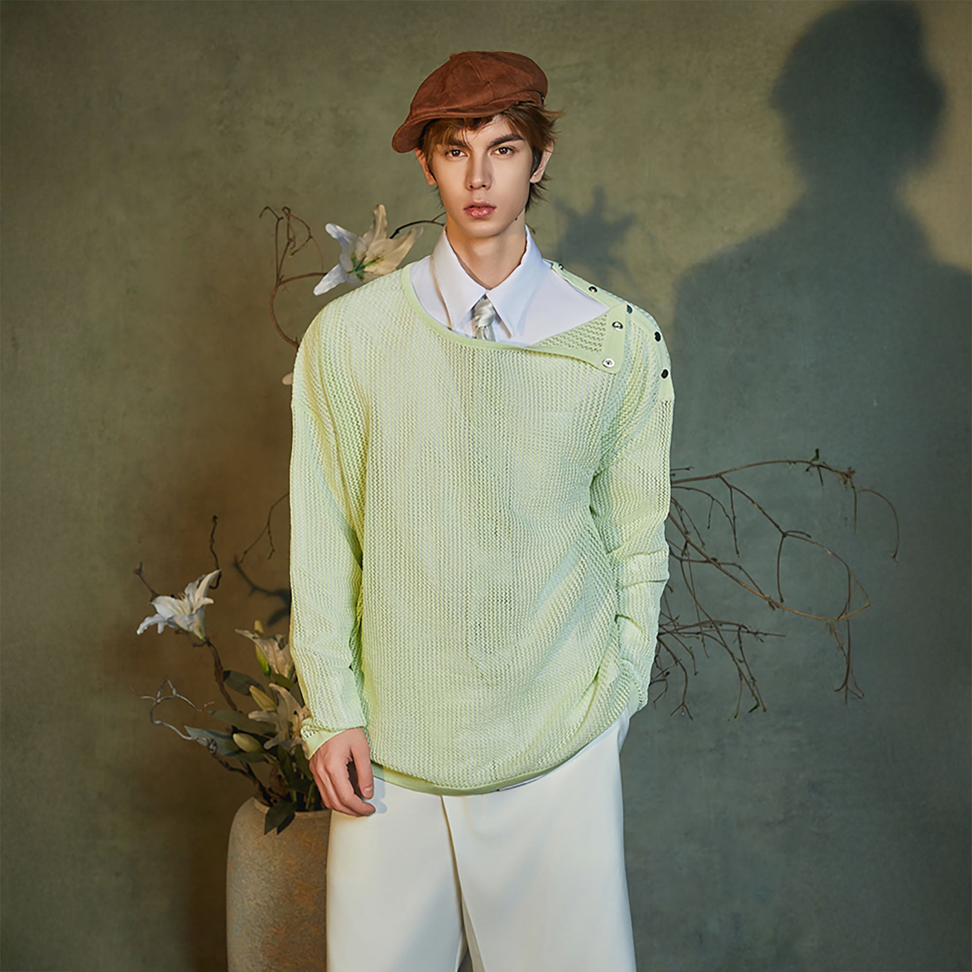 JIECHI Snap-Shoulder Open-Knit Sweater, premium urban and streetwear designers apparel on PROJECTISR.com, JIECHI