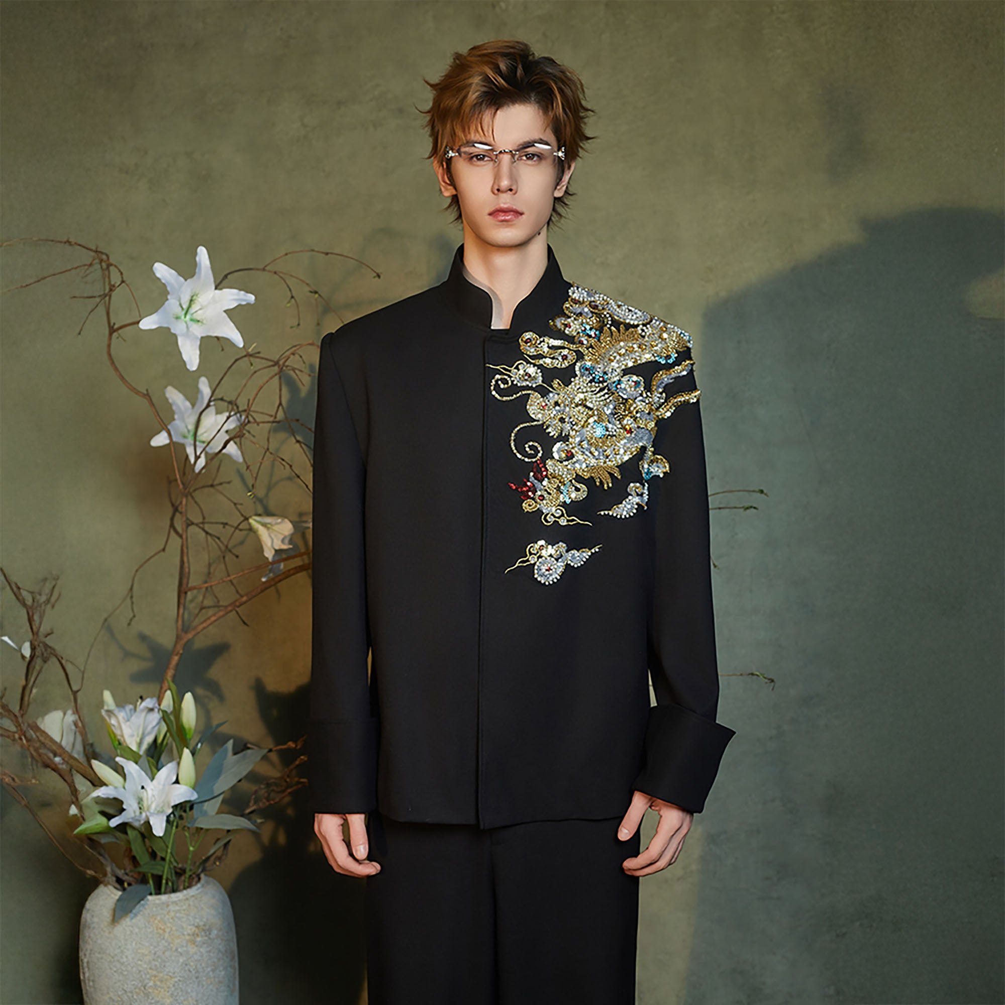 JIECHI Dragon Beaded Mandarin Collar Blazer, premium urban and streetwear designers apparel on PROJECTISR.com, JIECHI
