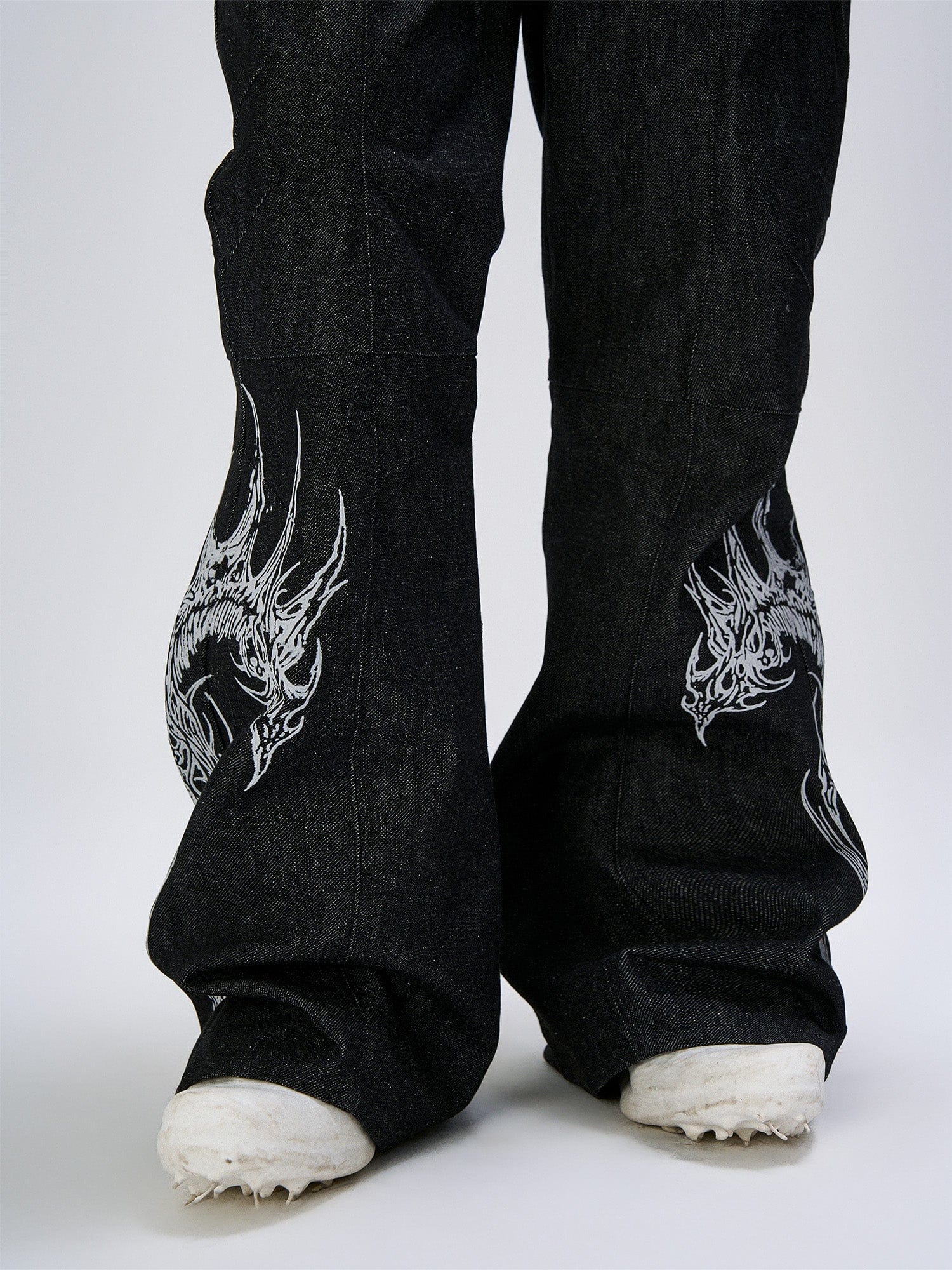 FLYERRER Abstract Graphic Flared Raw Jeans, premium urban and streetwear designers apparel on PROJECTISR.com, FLYERRER