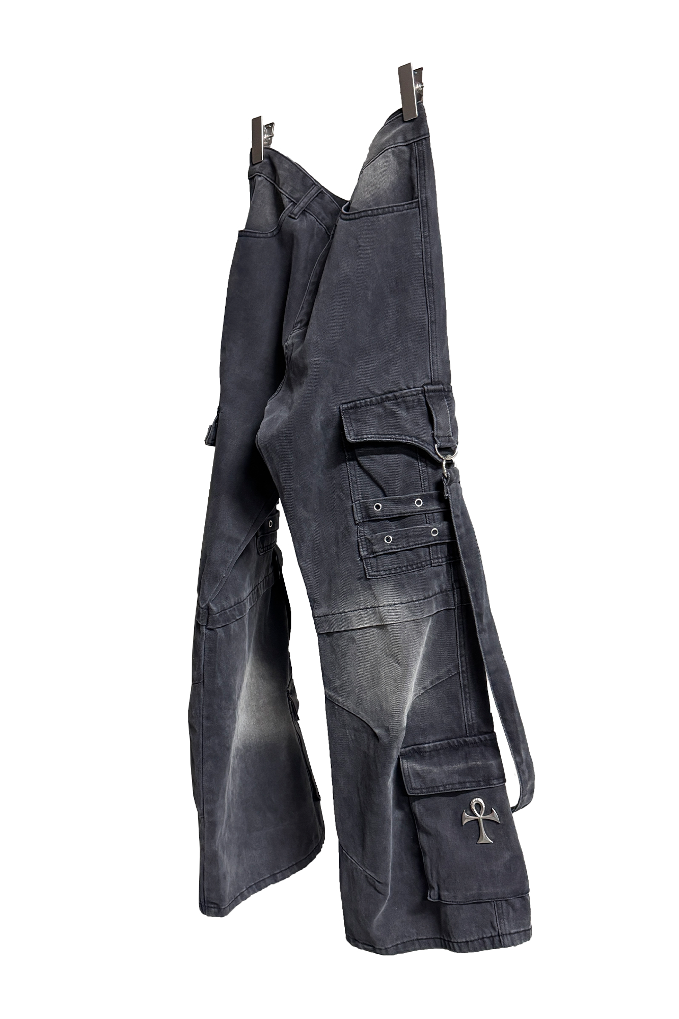 ANTI WAR REVIVAL Distressed Strap Multi-Pocket Wide-Leg Jeans