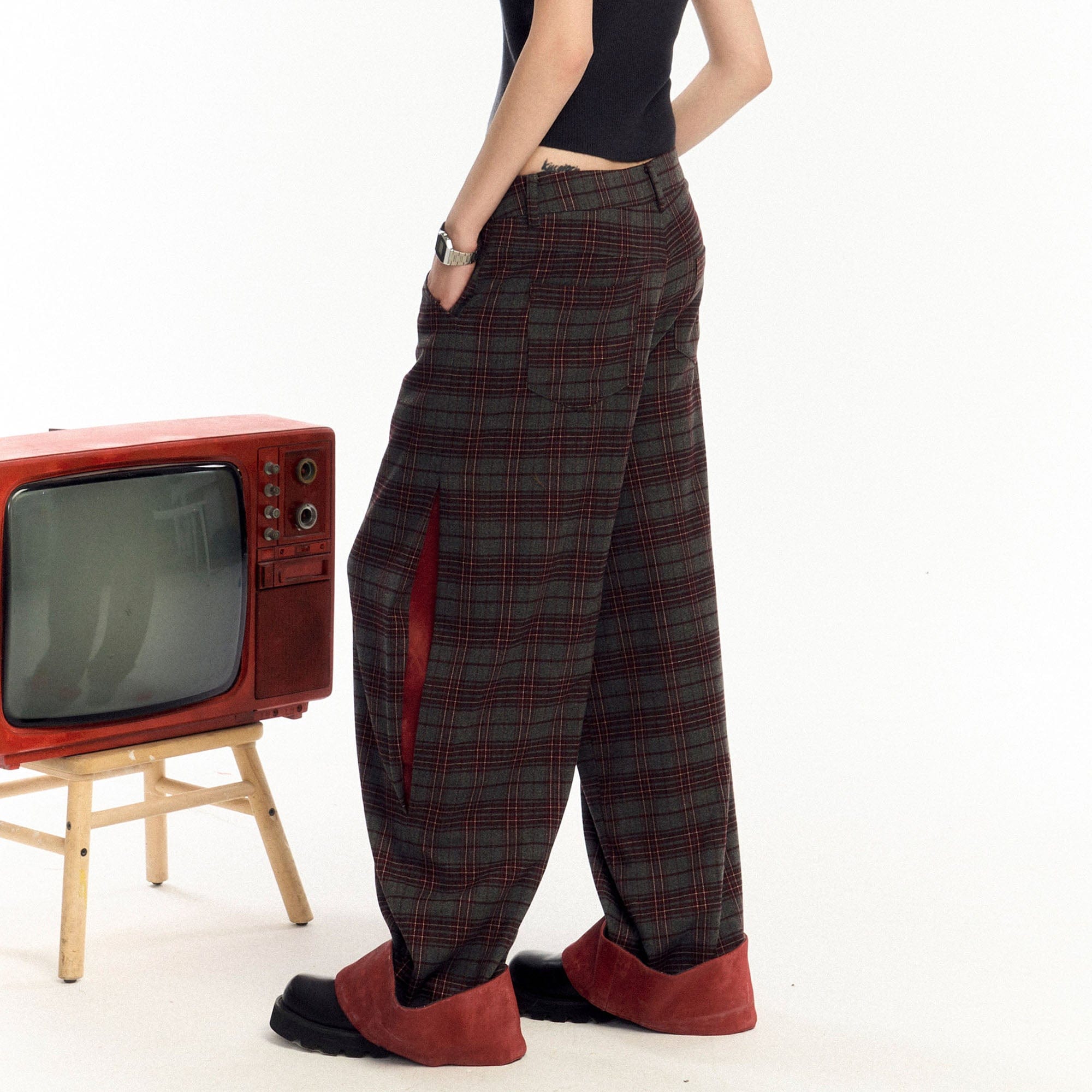 OIPWORD Plaid Fold-Hem Trousers, premium urban and streetwear designers apparel on PROJECTISR.com, OIPWORD
