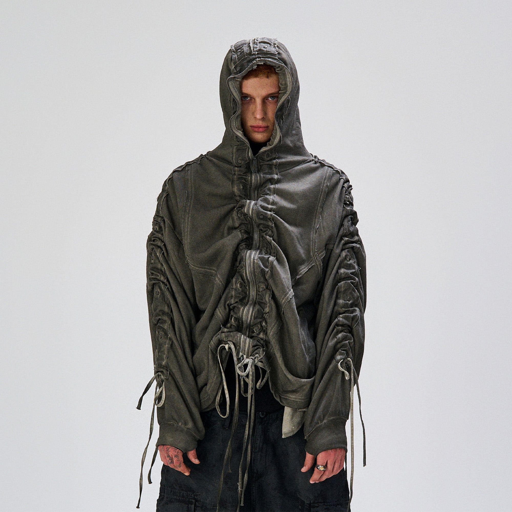 FLYERRER Distressed Drawstring Ruched Hooded Jacket, premium urban and streetwear designers apparel on PROJECTISR.com, FLYERRER