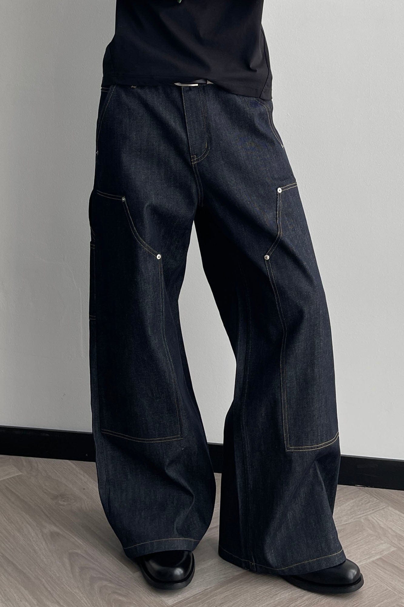OKAYTHXBYE Paneled Double-Knee Wide-Leg Denim Pants, premium urban and streetwear designers apparel on PROJECTISR.com, OKAYTHXBYE