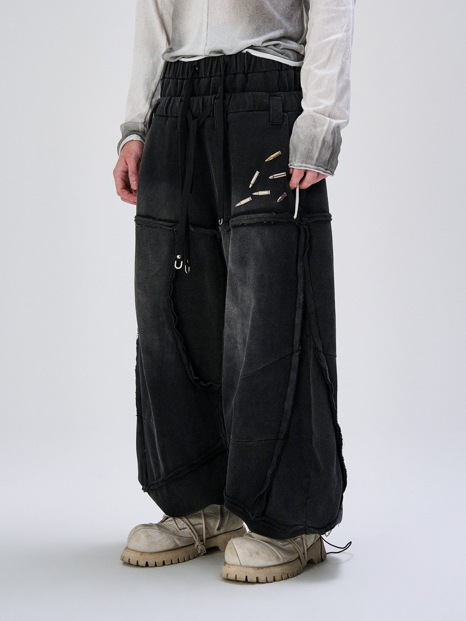 FLYERRER Washed Double-Waist Bullet Rivet Baggy Sweatpants, premium urban and streetwear designers apparel on PROJECTISR.com, FLYERRER