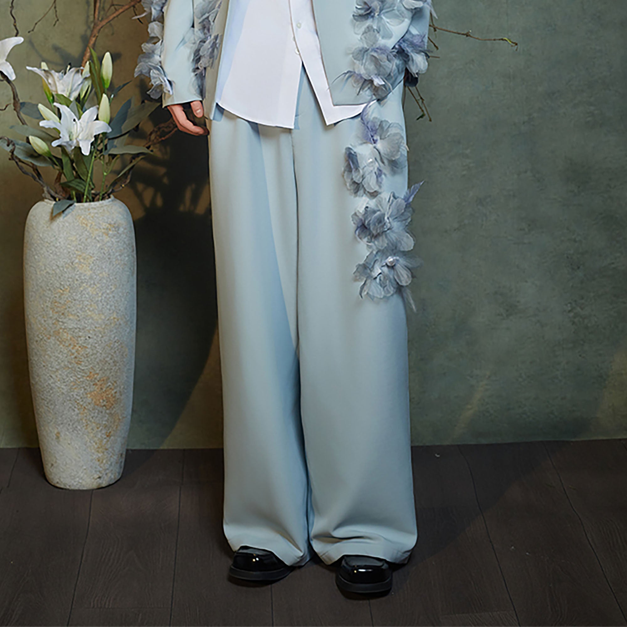 JIECHI Embellished Floral Pleated Straight-Leg Pants, premium urban and streetwear designers apparel on PROJECTISR.com, JIECHI