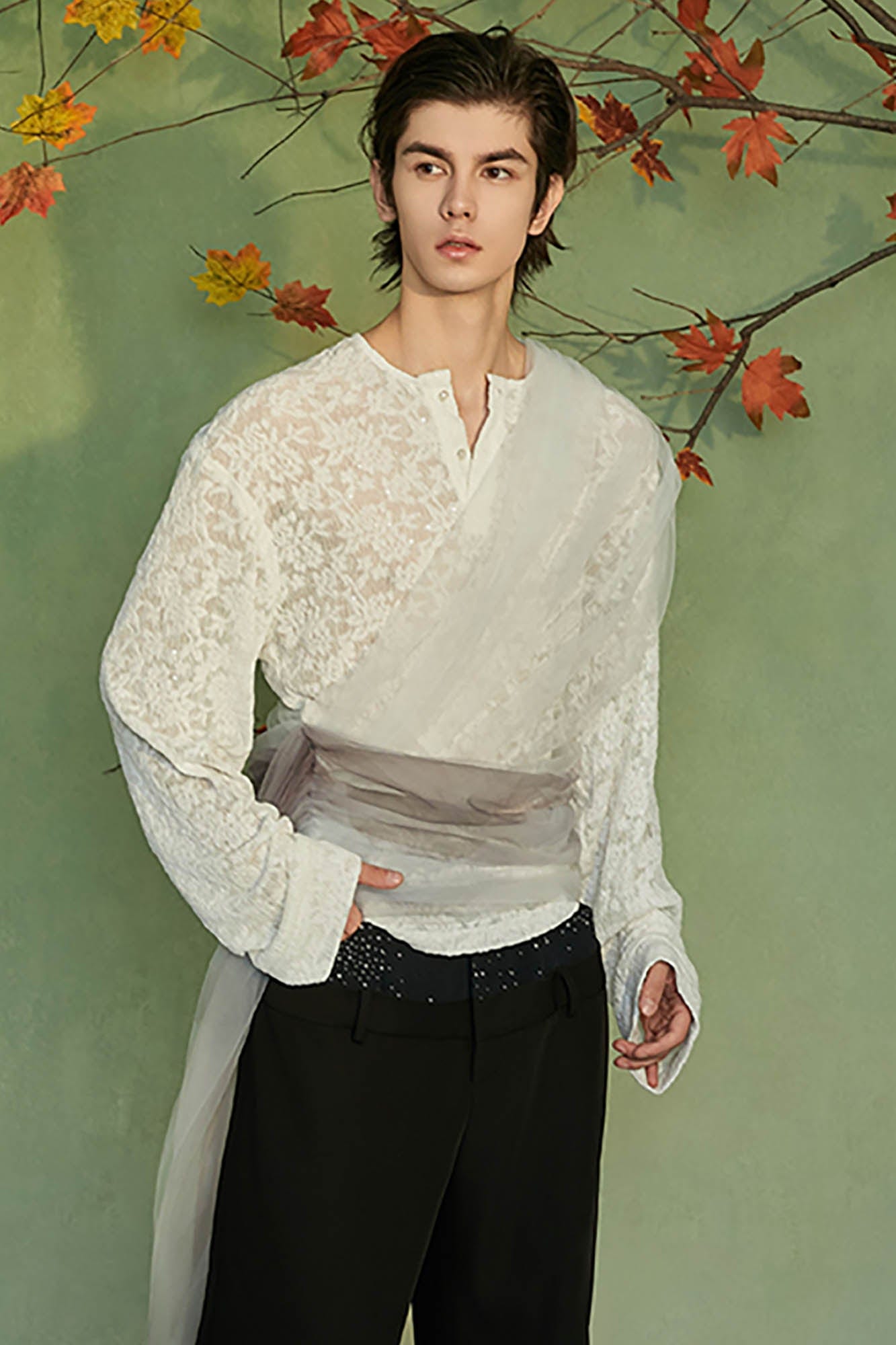 JIECHI Layered Sheer Wrap Lace Henley Shirt