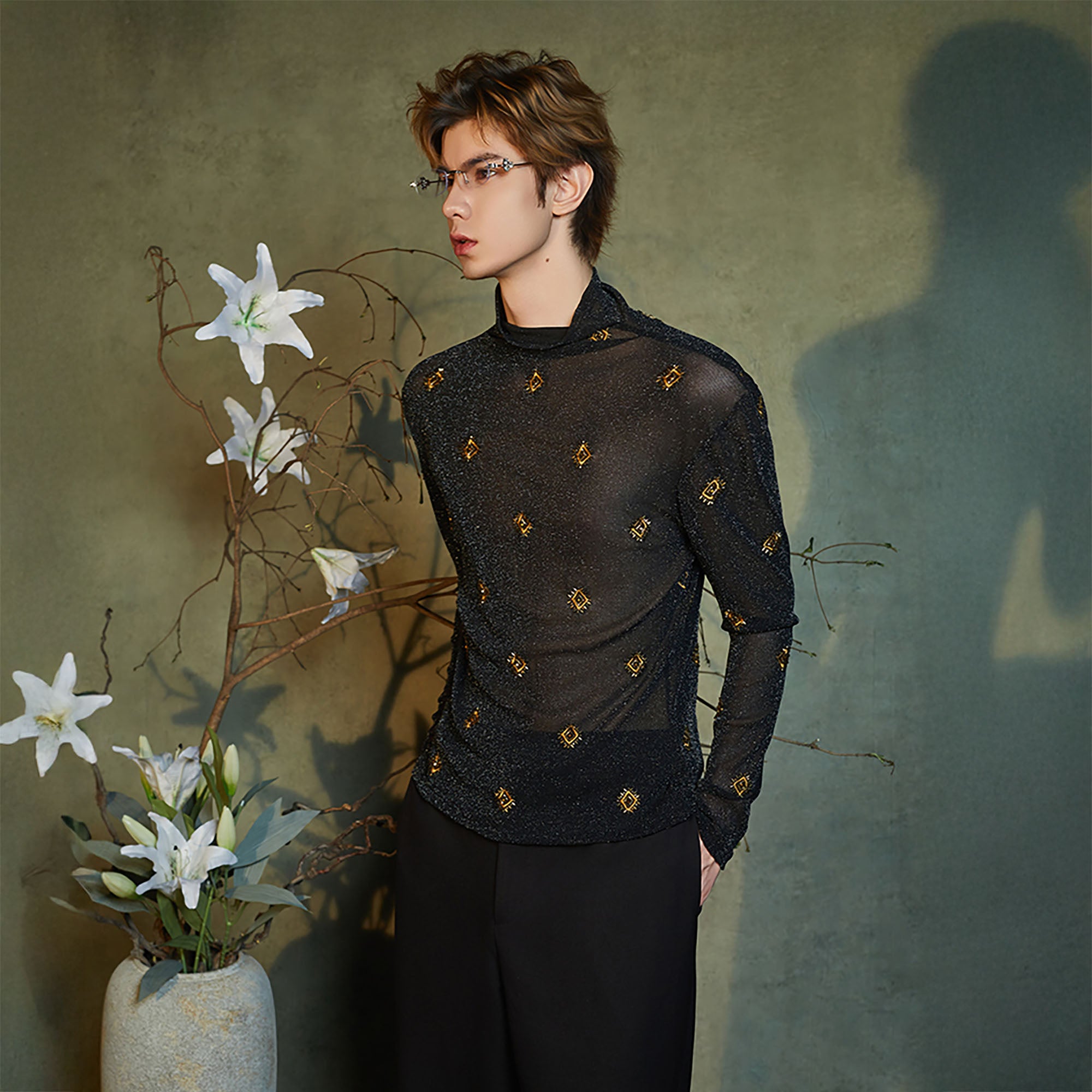 JIECHI Embroidered Mock-Neck Sheer Long-Sleeve Tee, premium urban and streetwear designers apparel on PROJECTISR.com, JIECHI
