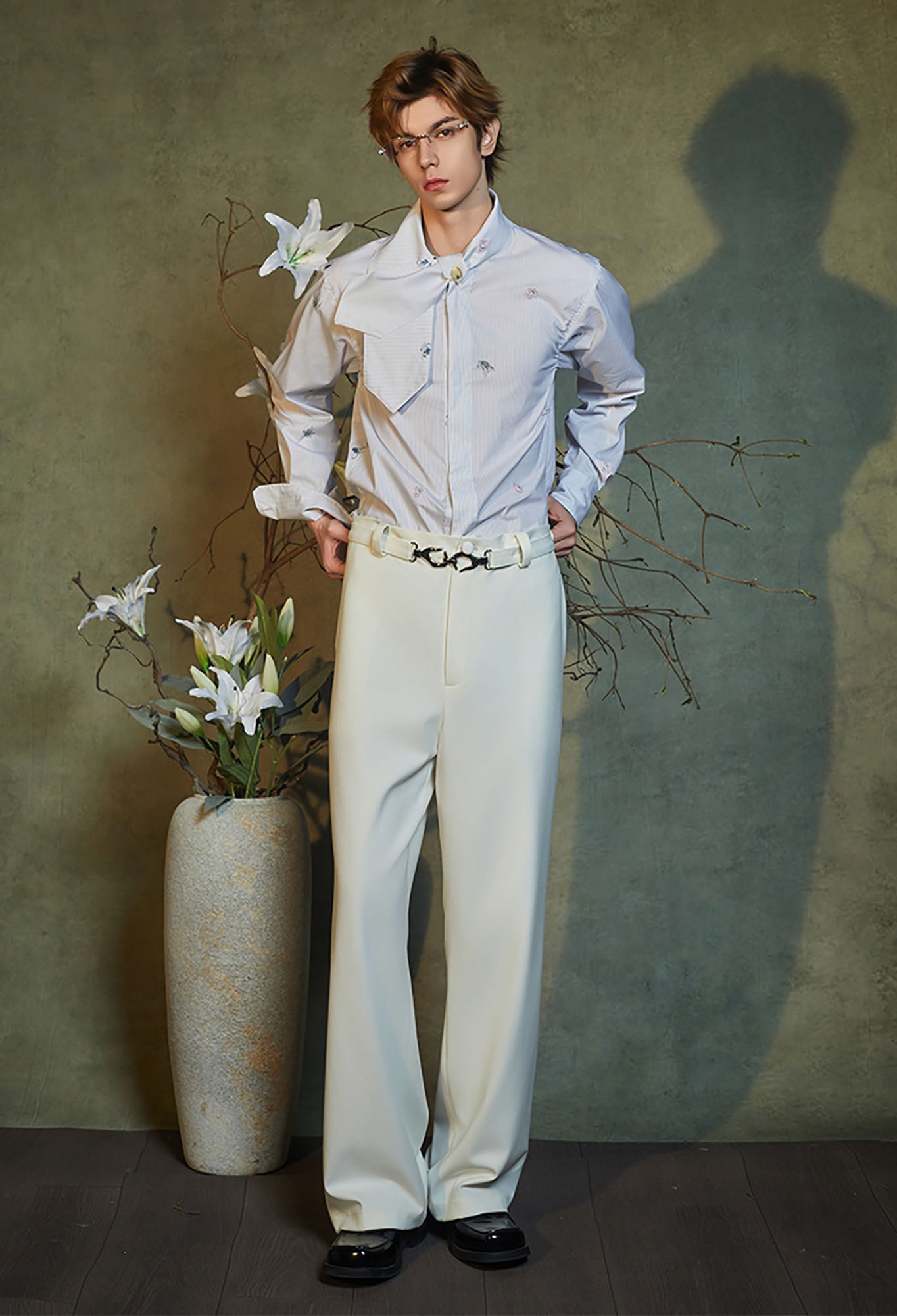 JIECHI Embroidered Striped Scarf-Collar Shirt, premium urban and streetwear designers apparel on PROJECTISR.com, JIECHI