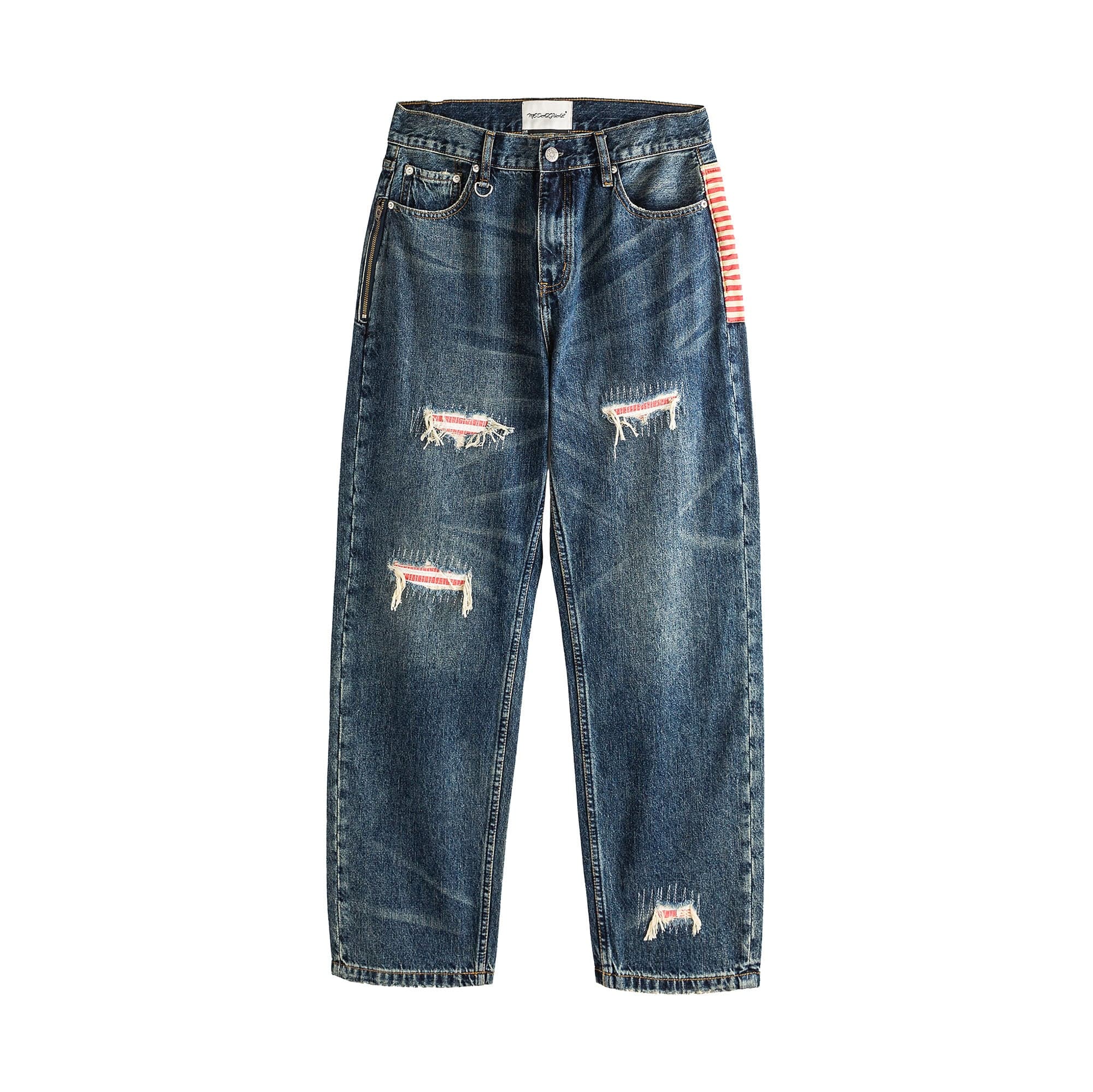 ME DA IGUAL Striped Spliced Distressed Whiskered Jeans, premium urban and streetwear designers apparel on PROJECTISR.com, ME DA IGUAL