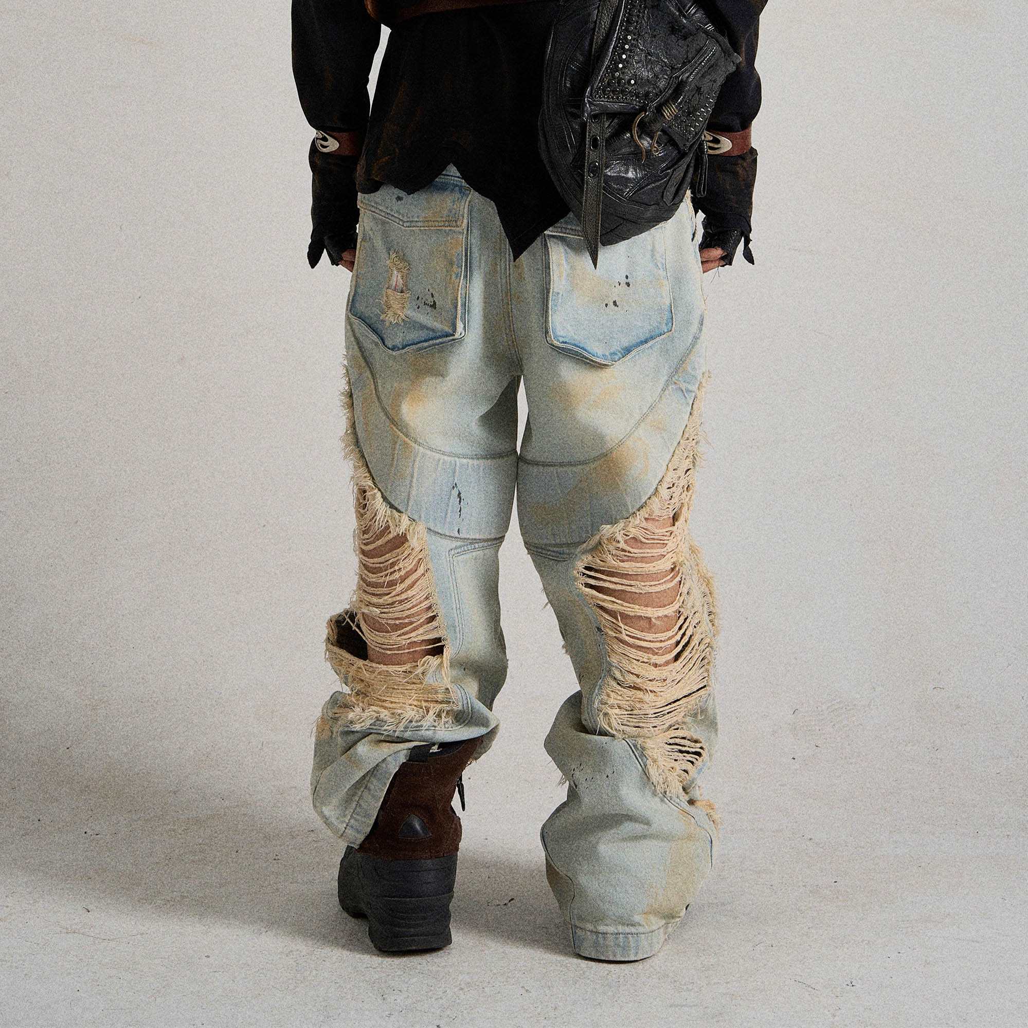 FLYERRER Paneled Heavily Ripped Fringe Jeans, premium urban and streetwear designers apparel on PROJECTISR.com, FLYERRER