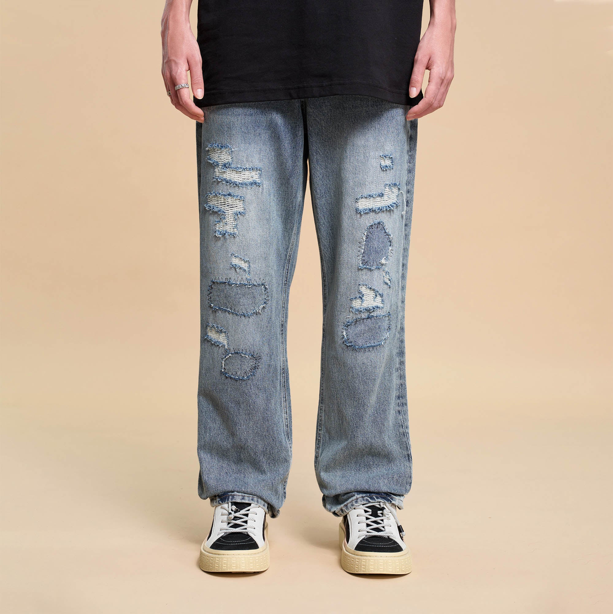 BONELESS Patched Distressed Straight-Leg Jeans