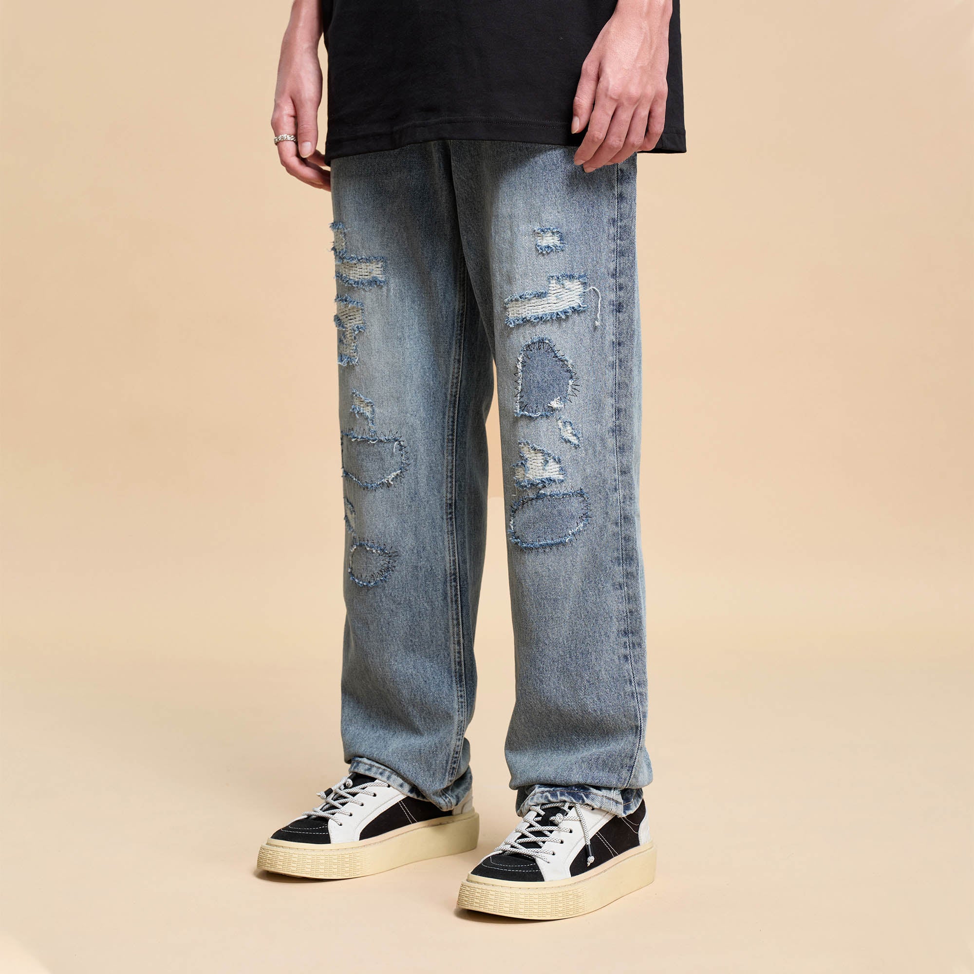 BONELESS Patched Distressed Straight-Leg Jeans