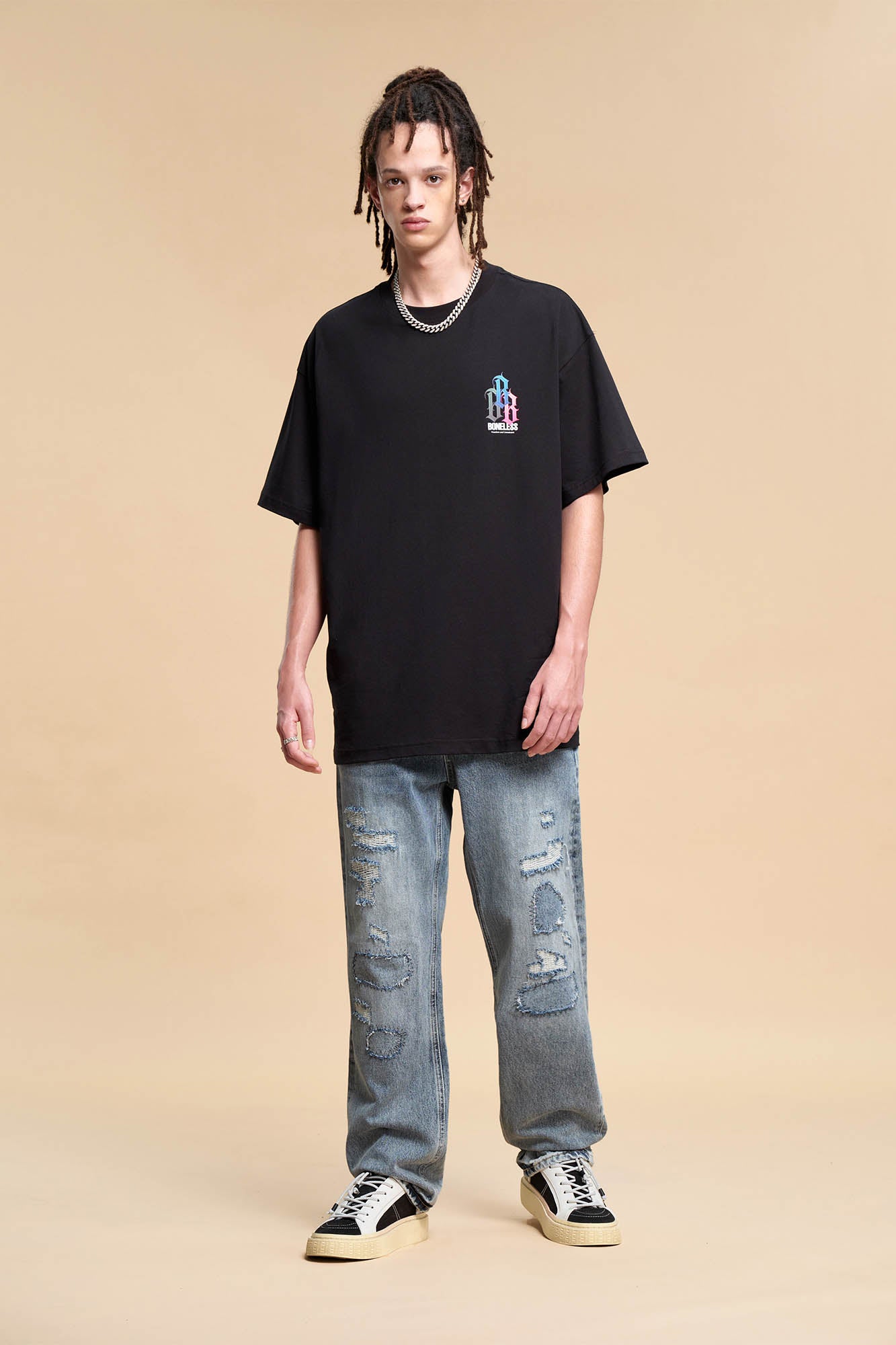 BONELESS Patched Distressed Straight-Leg Jeans