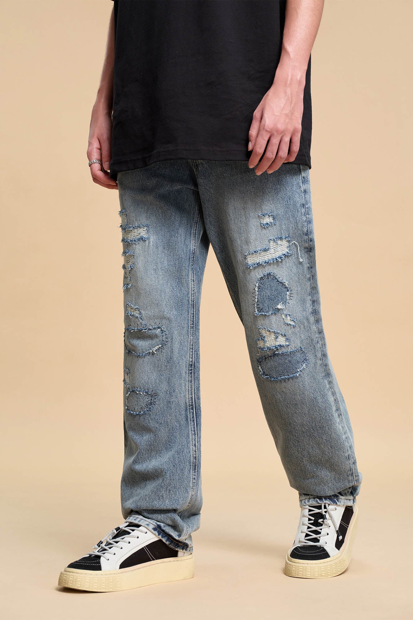 BONELESS Patched Distressed Straight-Leg Jeans, premium urban and streetwear designers apparel on PROJECTISR.com, BONELESS