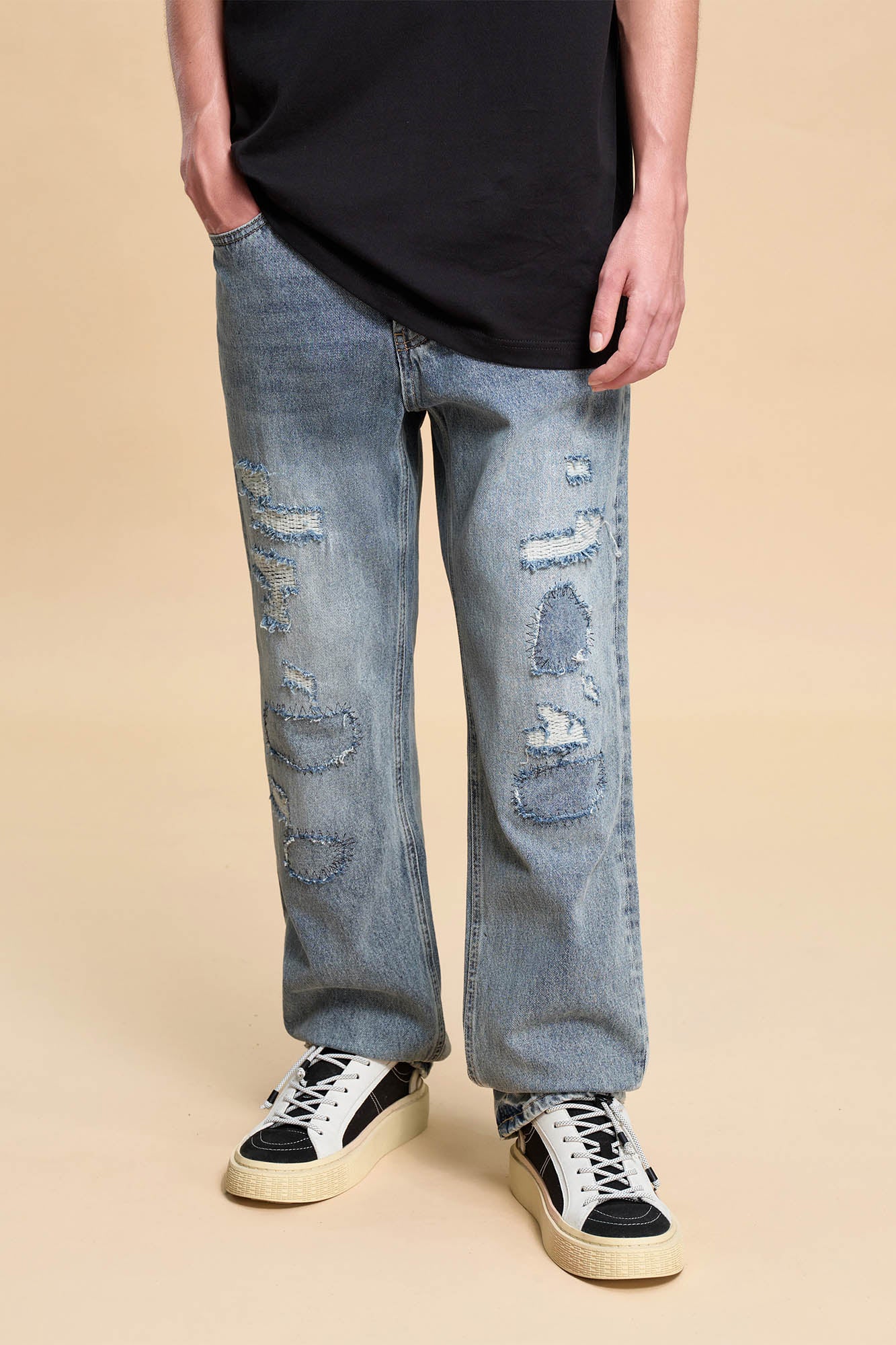 BONELESS Patched Distressed Straight-Leg Jeans