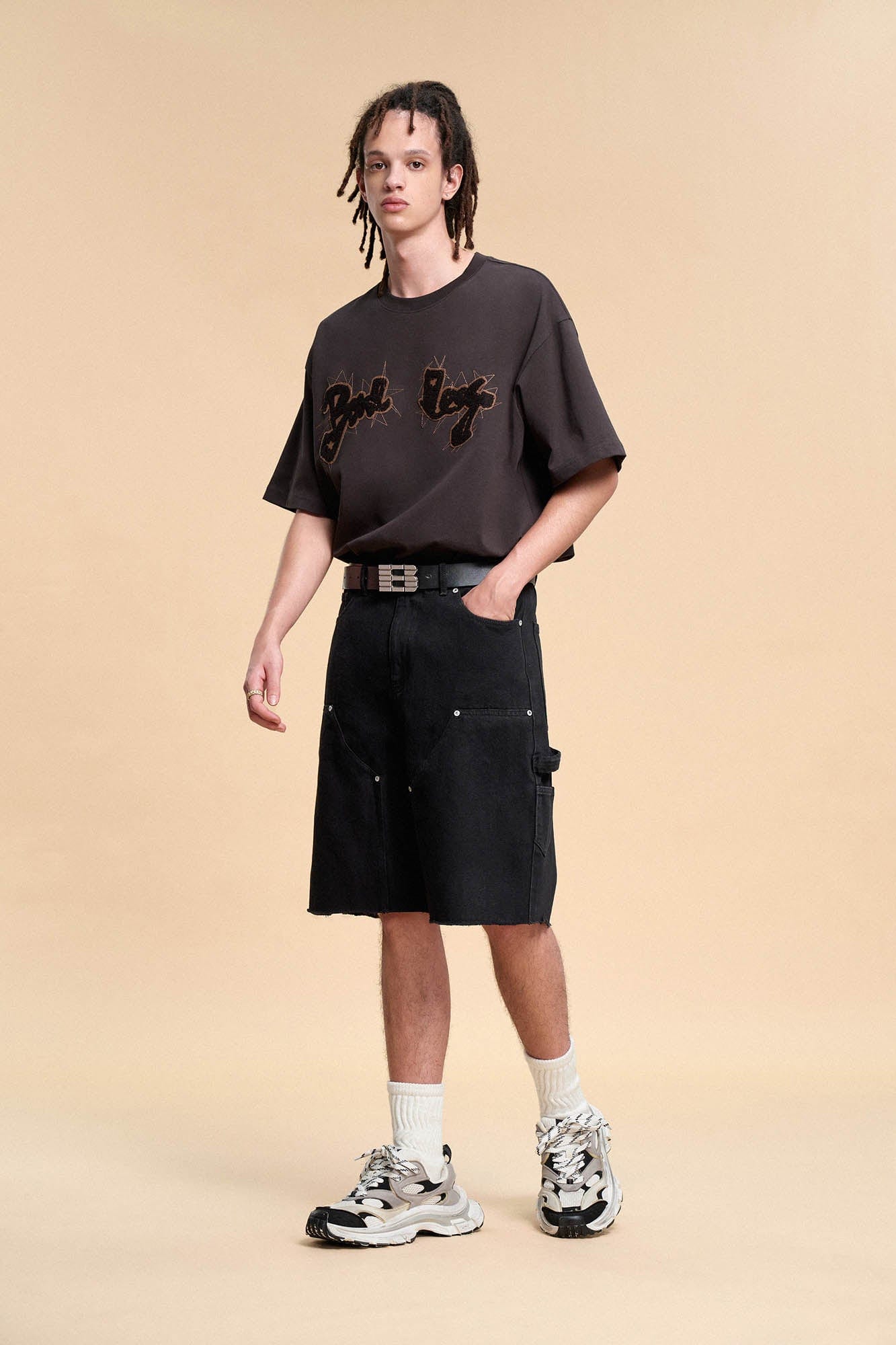 BONELESS Frayed Double-Knee Cargo Shorts Black