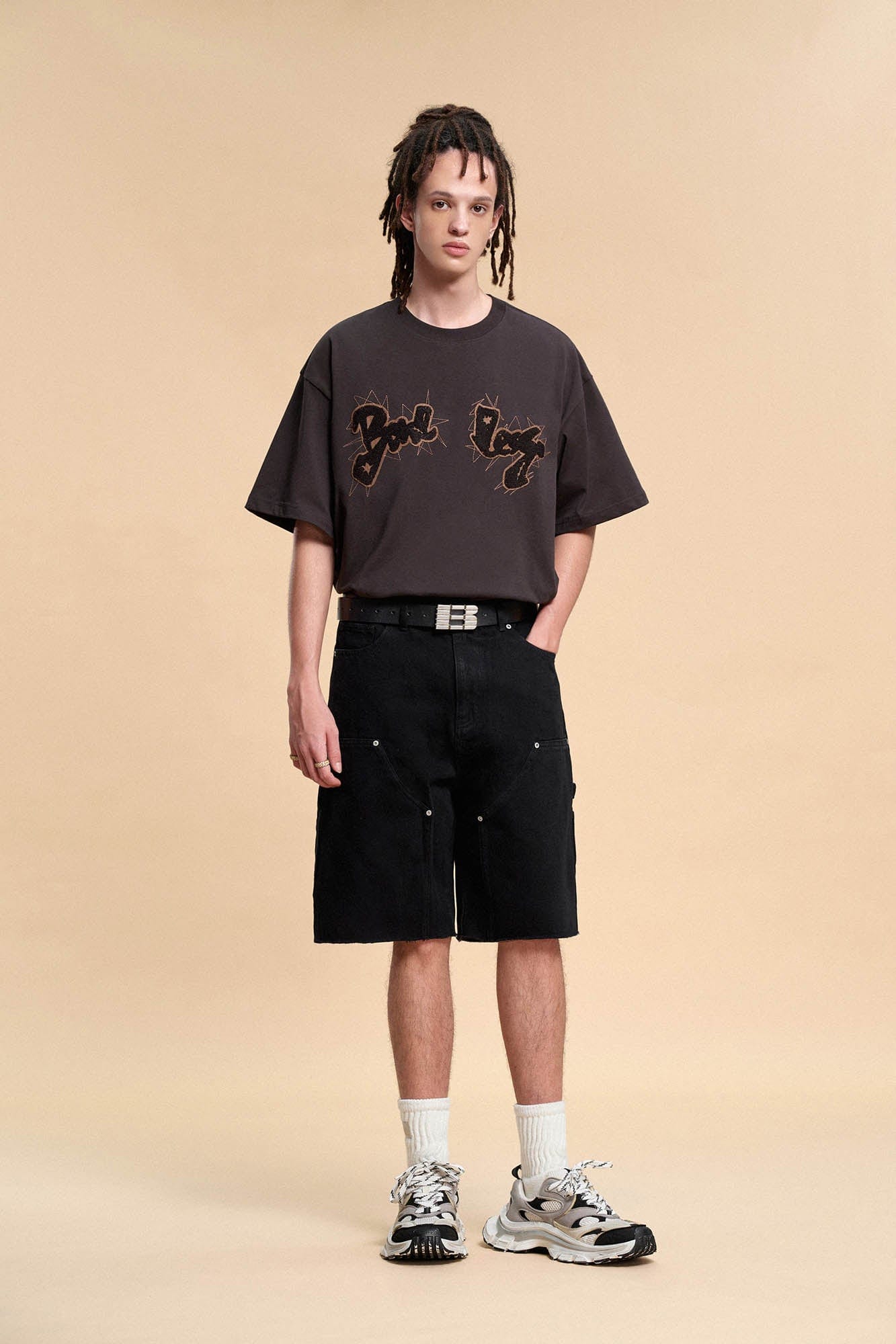 BONELESS Frayed Double-Knee Cargo Shorts Black