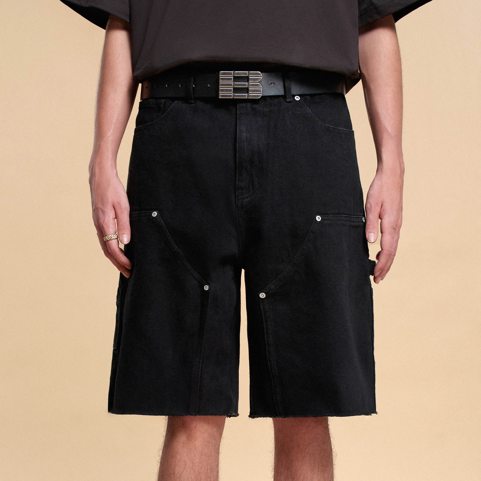 BONELESS Frayed Double-Knee Cargo Shorts Black