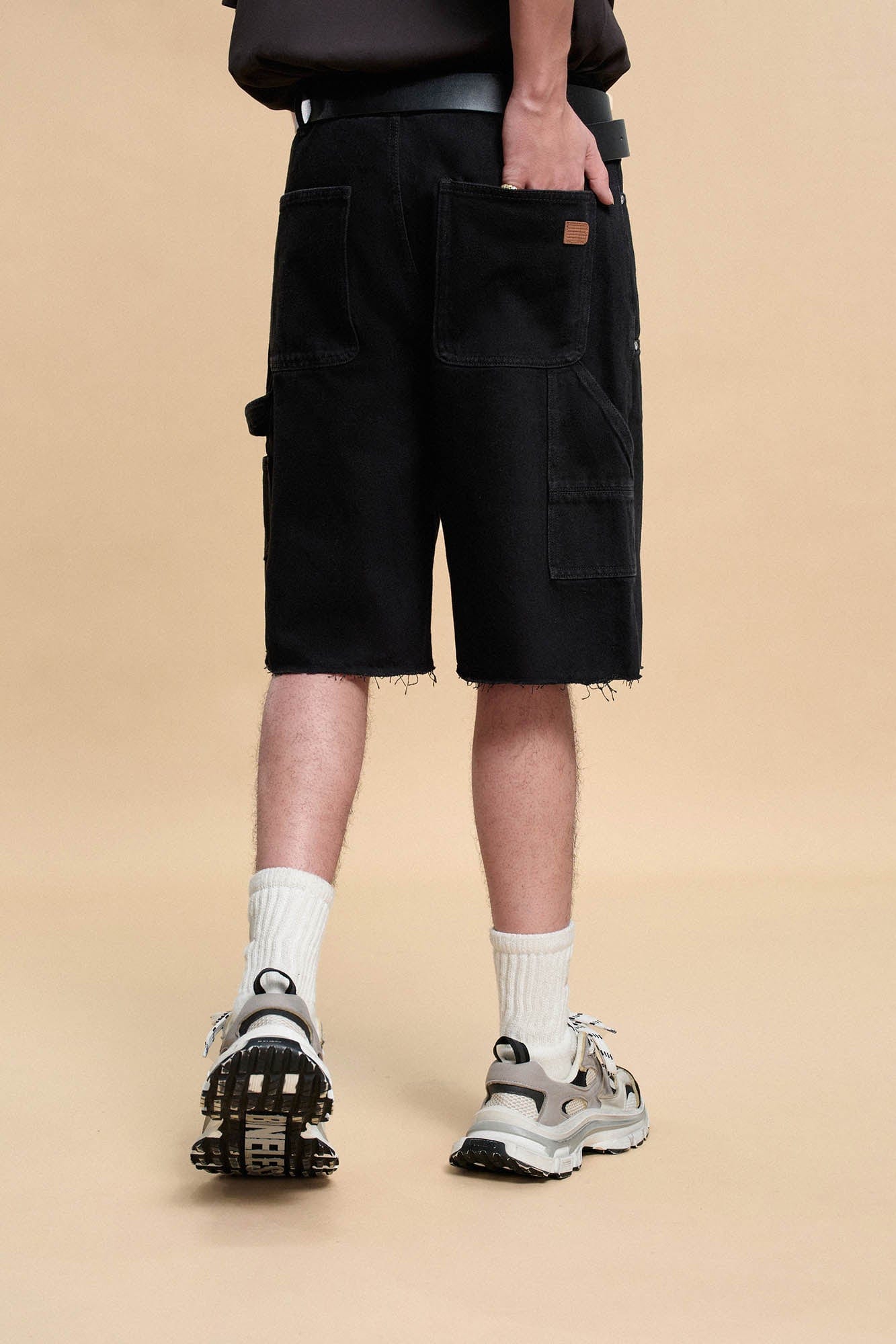 BONELESS Frayed Double-Knee Cargo Shorts Black