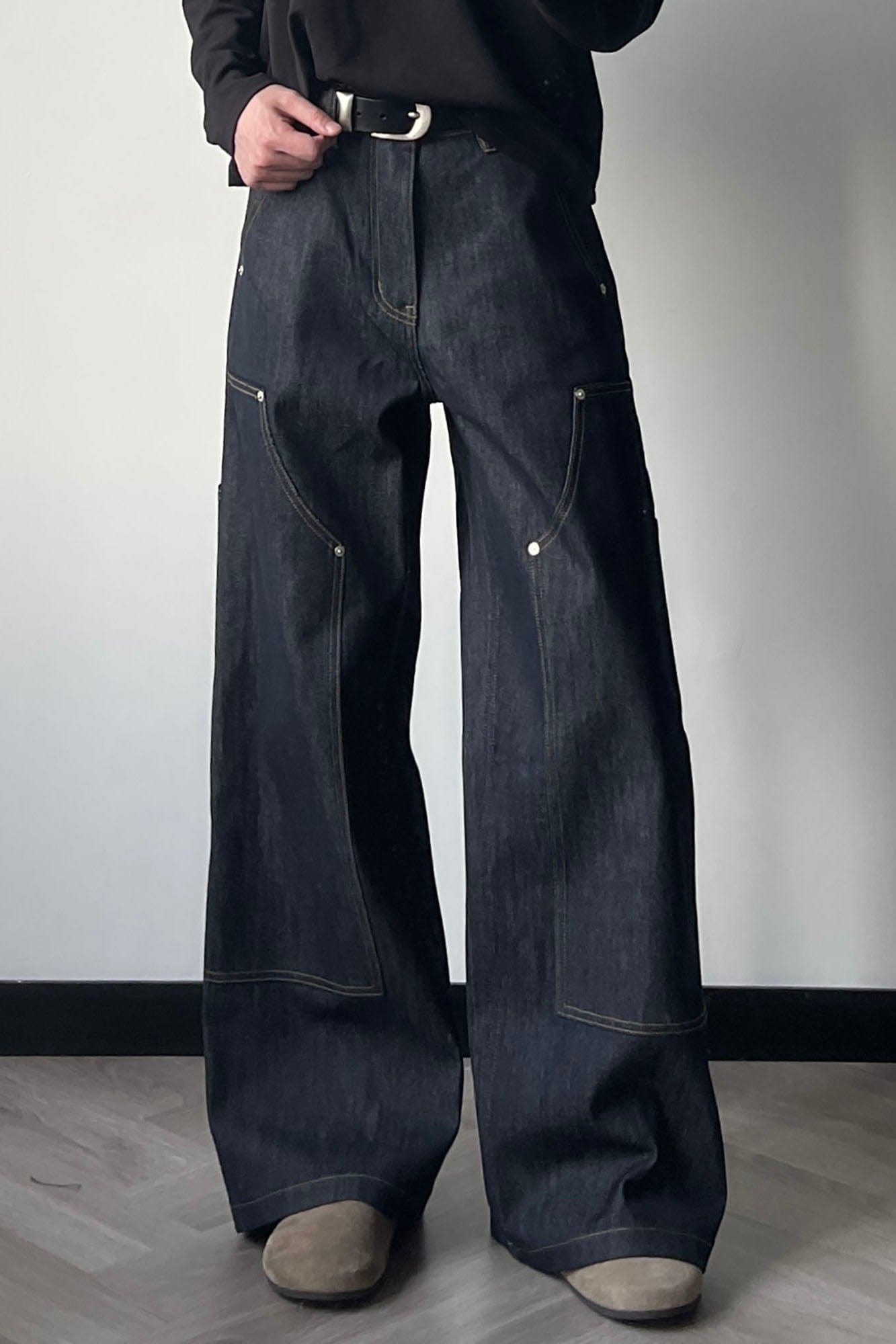 OKAYTHXBYE Paneled Double-Knee Wide-Leg Denim Pants, premium urban and streetwear designers apparel on PROJECTISR.com, OKAYTHXBYE