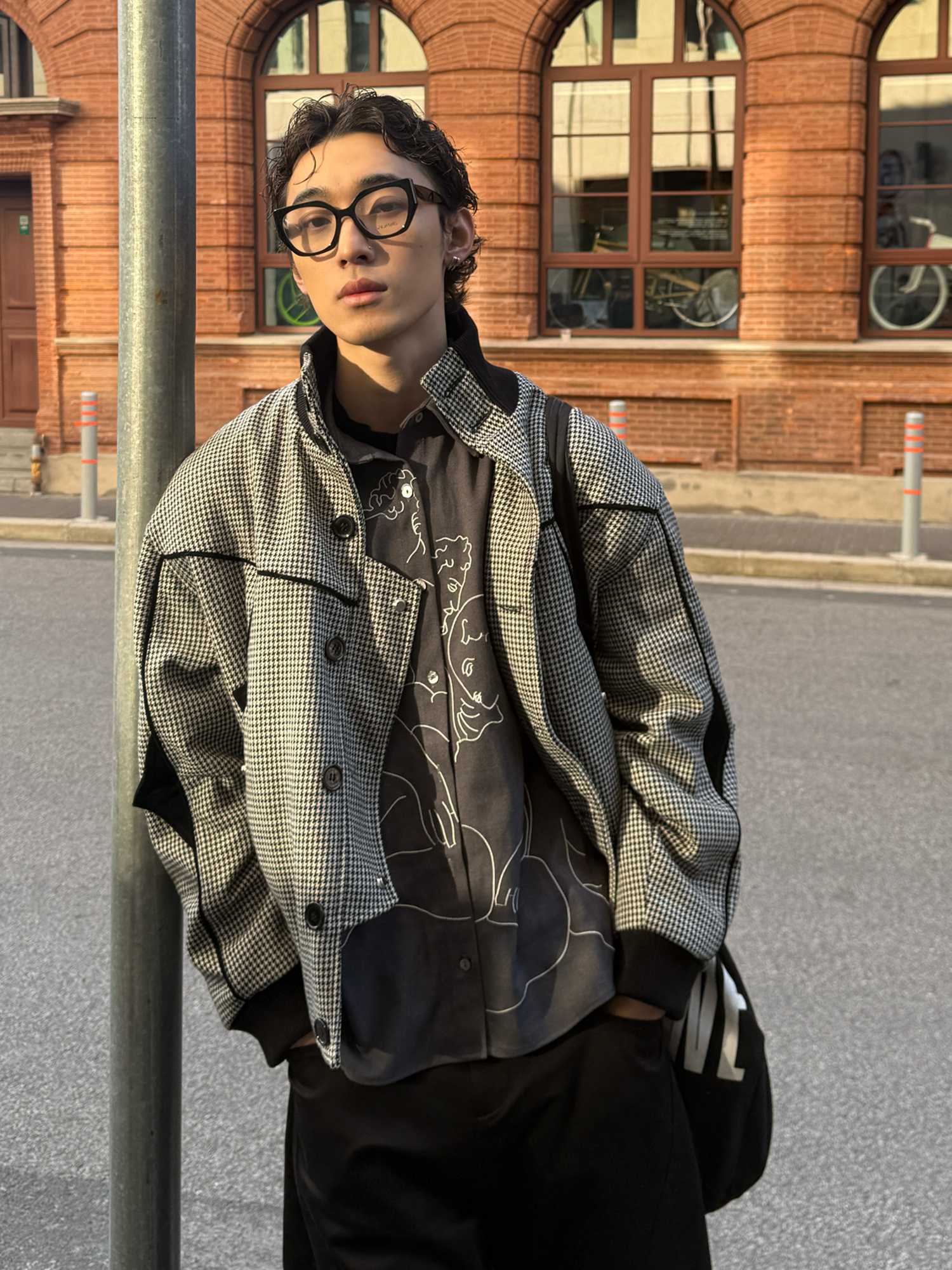 ESAIAS Houndstooth Panel Stand Collar Wool-Blend Jacket