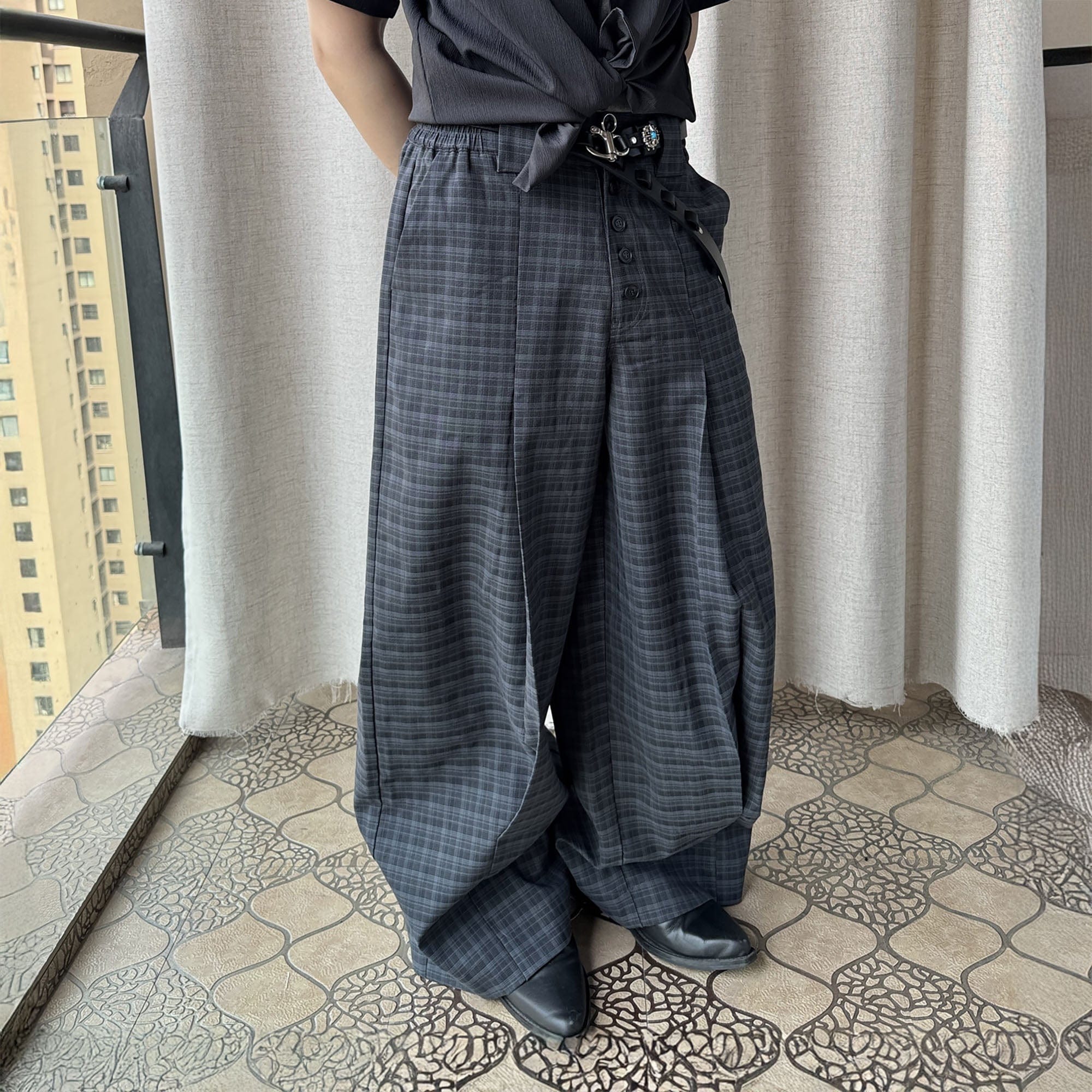ESAIAS Retro Plaid Pleated Wide-Leg Pants