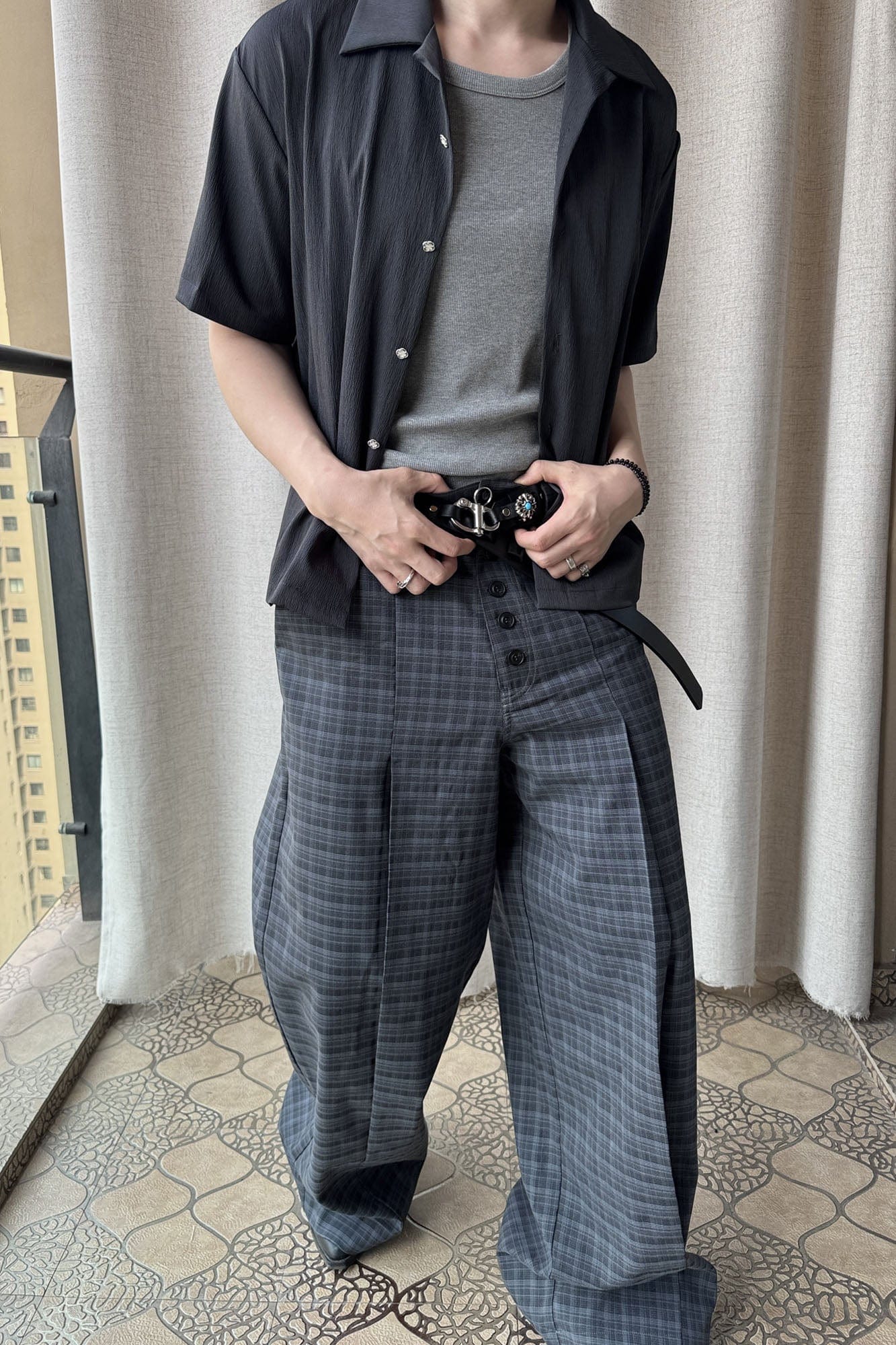ESAIAS Retro Plaid Pleated Wide-Leg Pants, premium urban and streetwear designers apparel on PROJECTISR.com, ESAIAS
