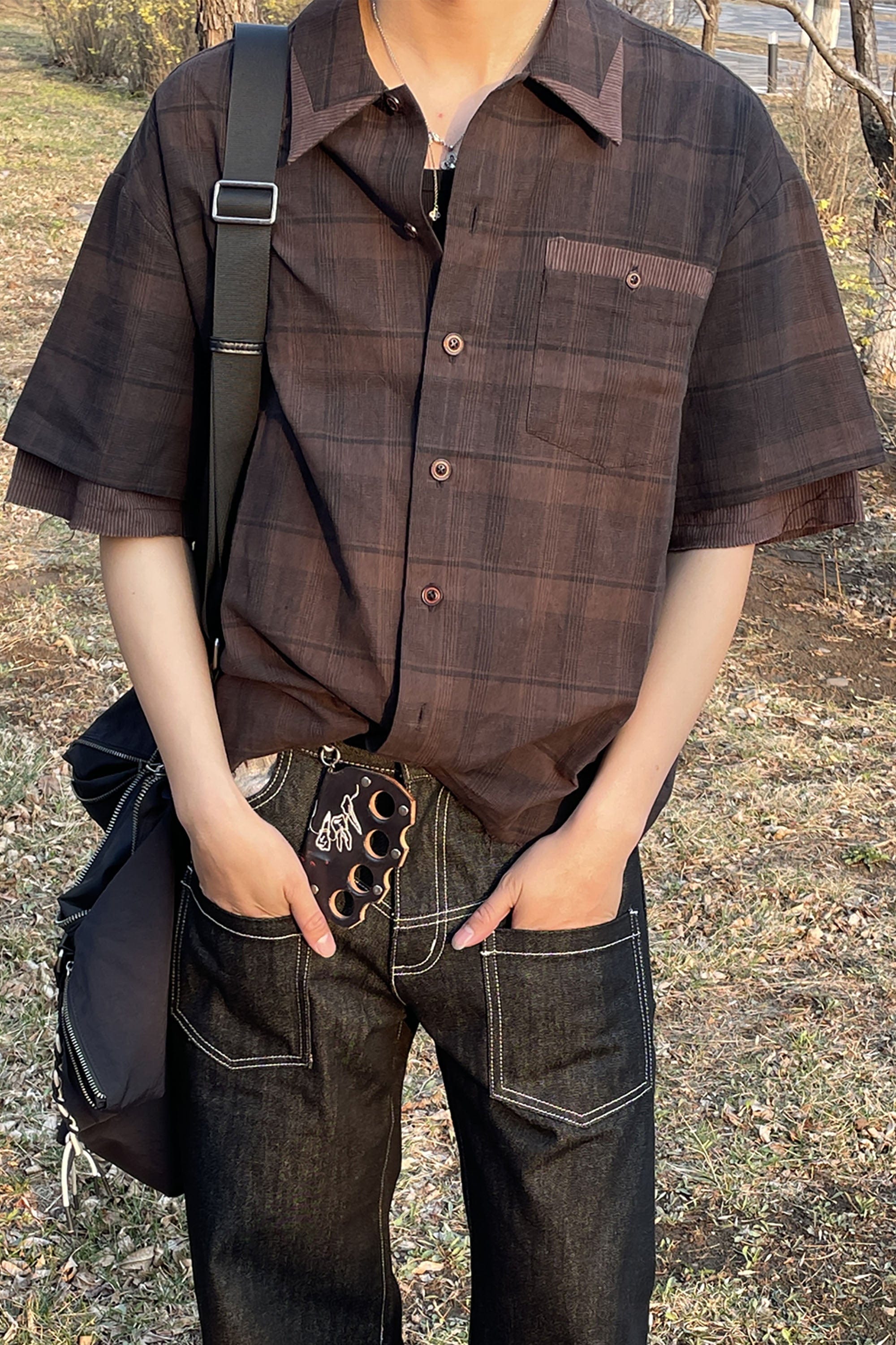 ESAIAS Plaid Layered Raw-Edge Half Shirt Brown, premium urban and streetwear designers apparel on PROJECTISR.com, ESAIAS