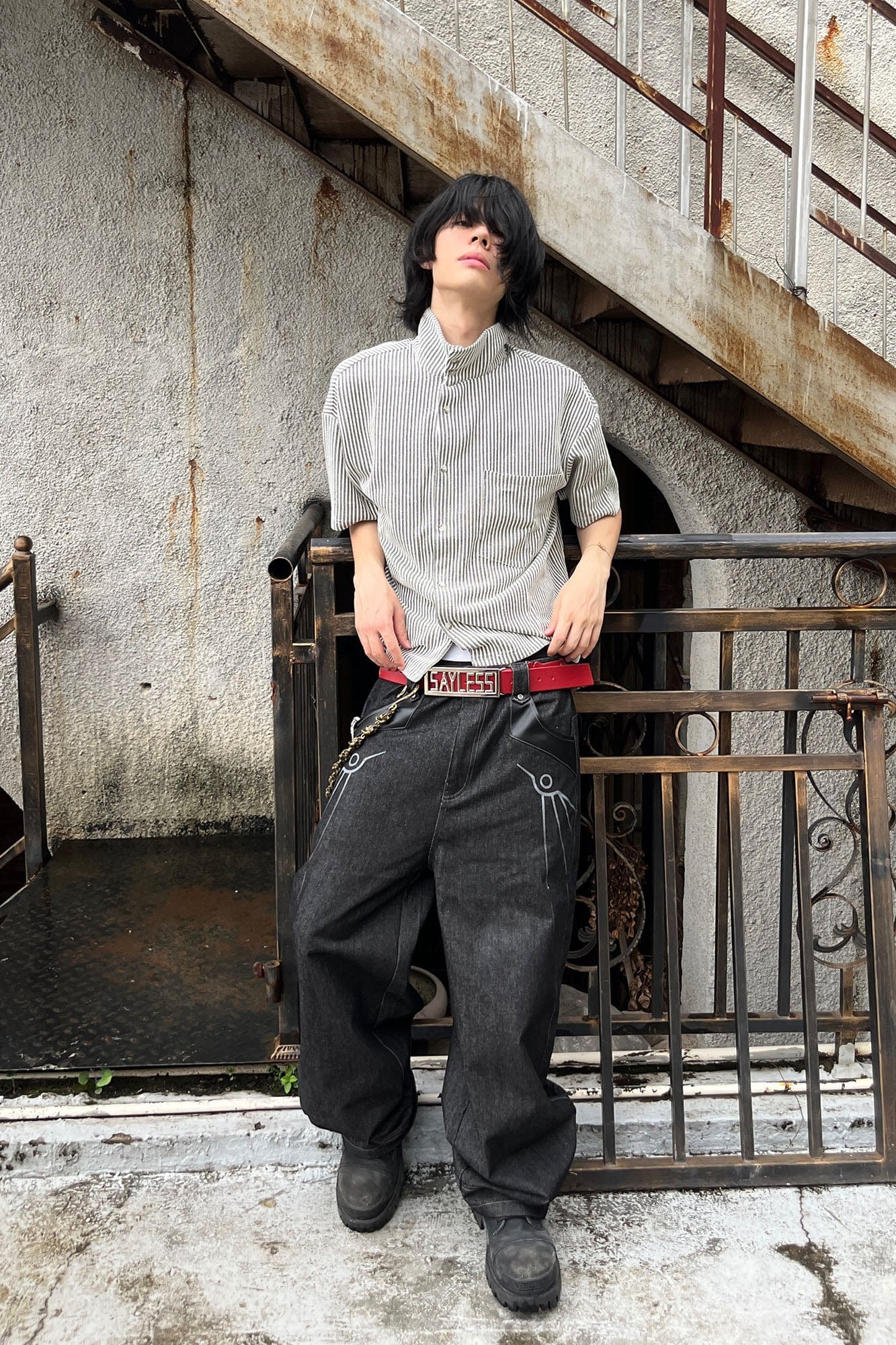 ESAIAS Phoenix Graphic Wide-Leg Raw Jeans, premium urban and streetwear designers apparel on PROJECTISR.com, ESAIAS