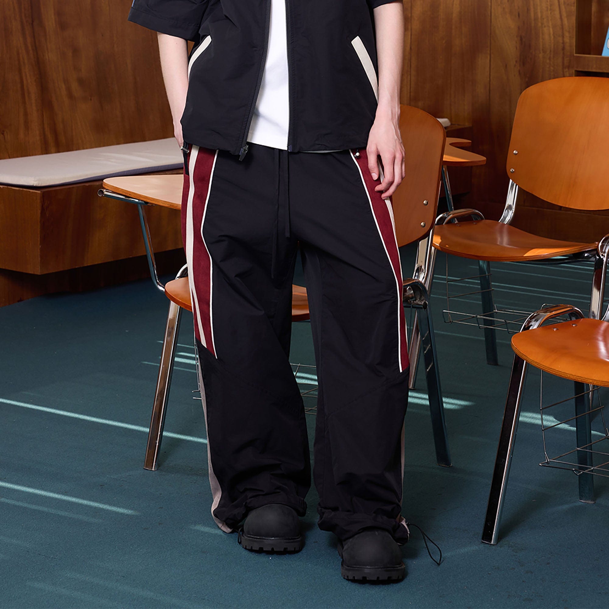 ERROR CODE ROBOT Diagonal Stripe Suede Track Pants, premium urban and streetwear designers apparel on PROJECTISR.com, ERROR CODE ROBOT