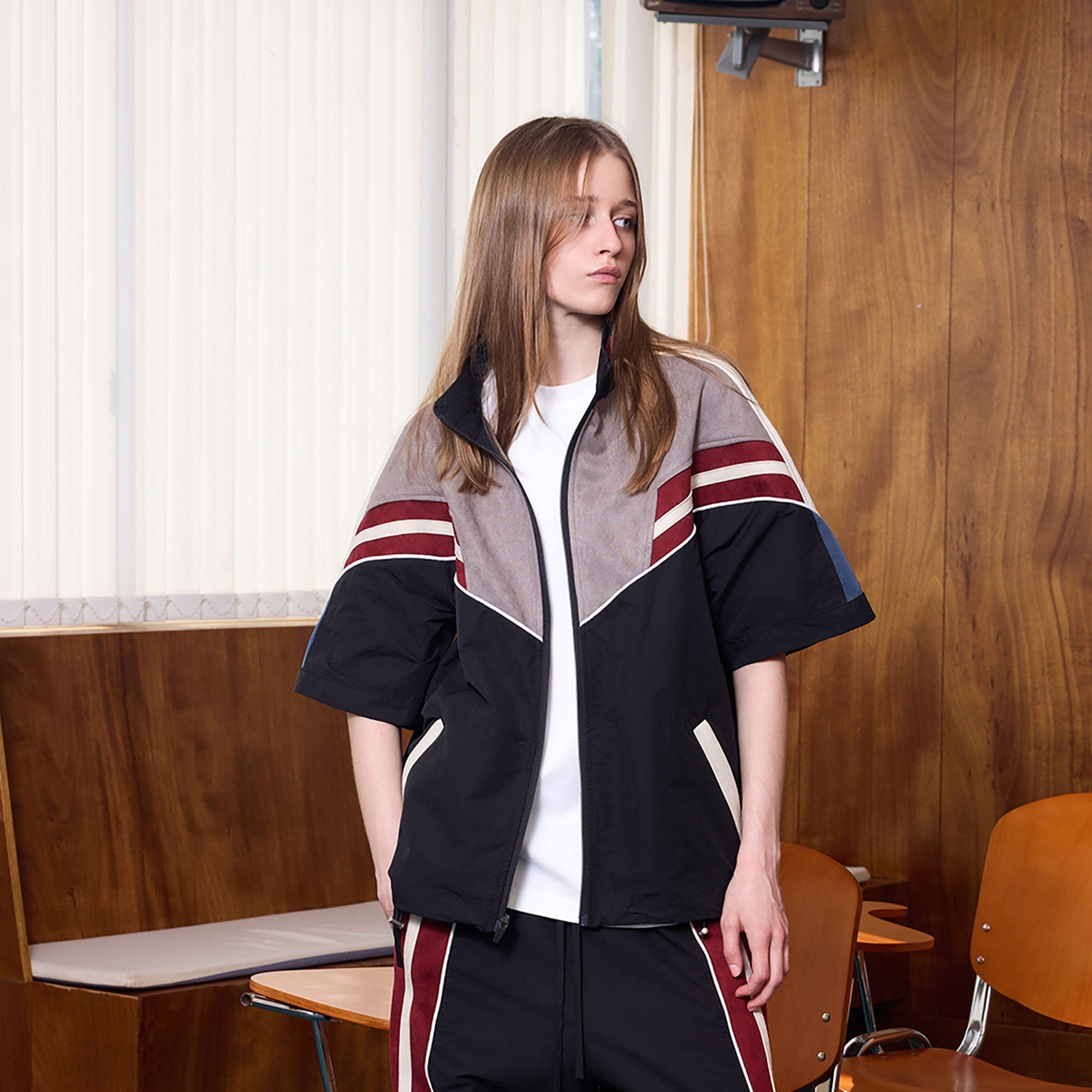 ERROR CODE ROBOT Diagonal Stripe Suede Track Half Jacket, premium urban and streetwear designers apparel on PROJECTISR.com, ERROR CODE ROBOT